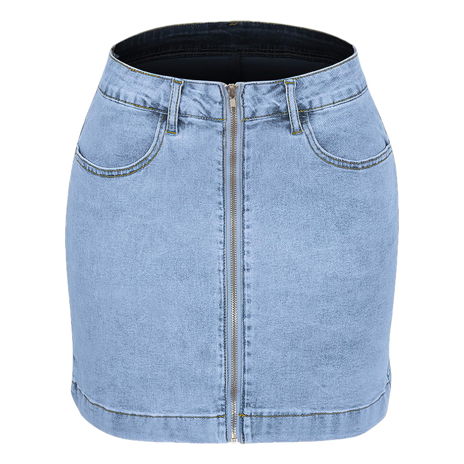 Femme Taille Moyenne Fermeture Eclair Devant Jupe en Jean Extensible Décontracté Jupes en Jean avec Poches