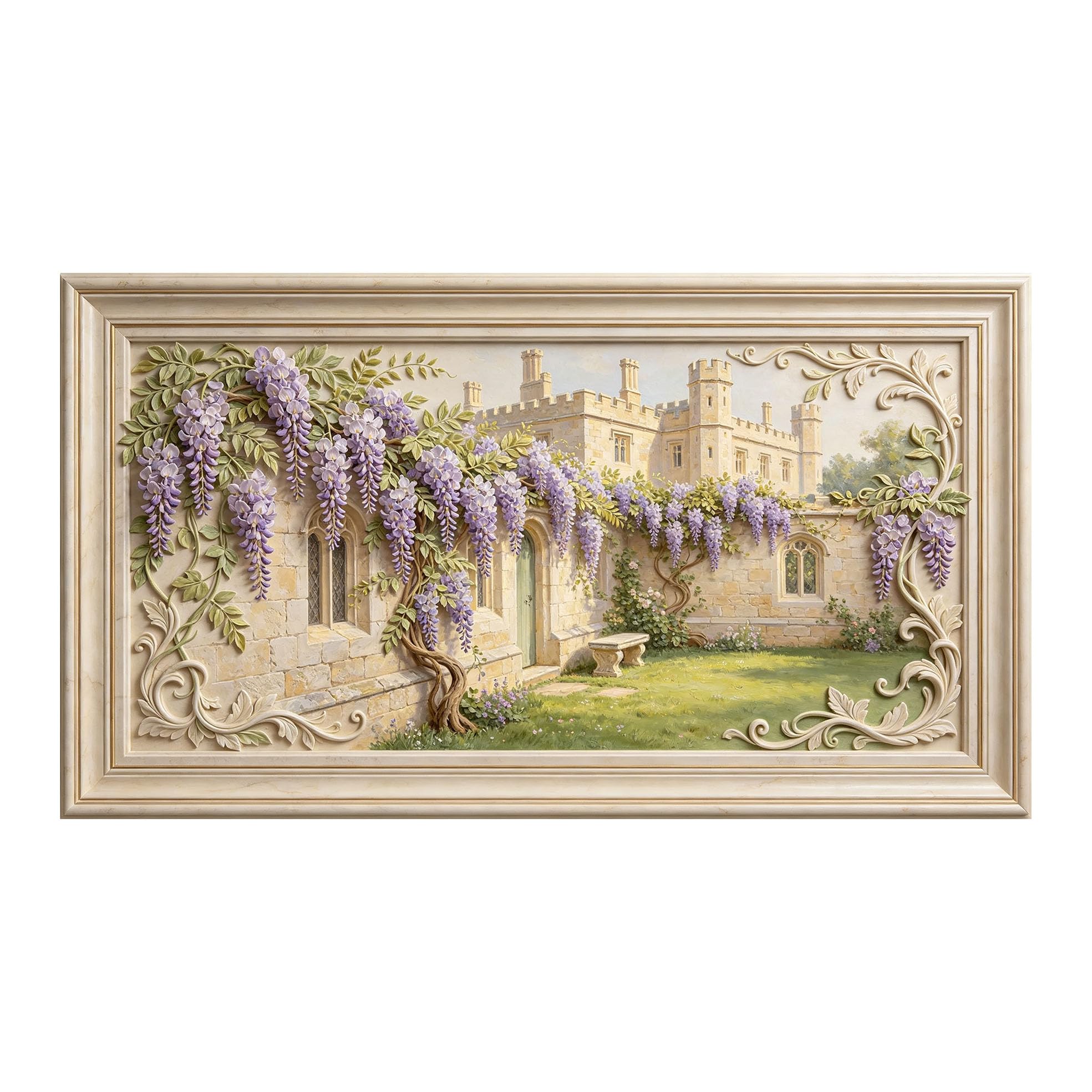 Murasolite 3D Framed Wall Art European Castle Courtyard Wisteria Floral Relief Effect SelfAdhesive Fabric Mural Wall Decor,No Damage to Wall,AntiFall Safe Design for Bedroom Living Room