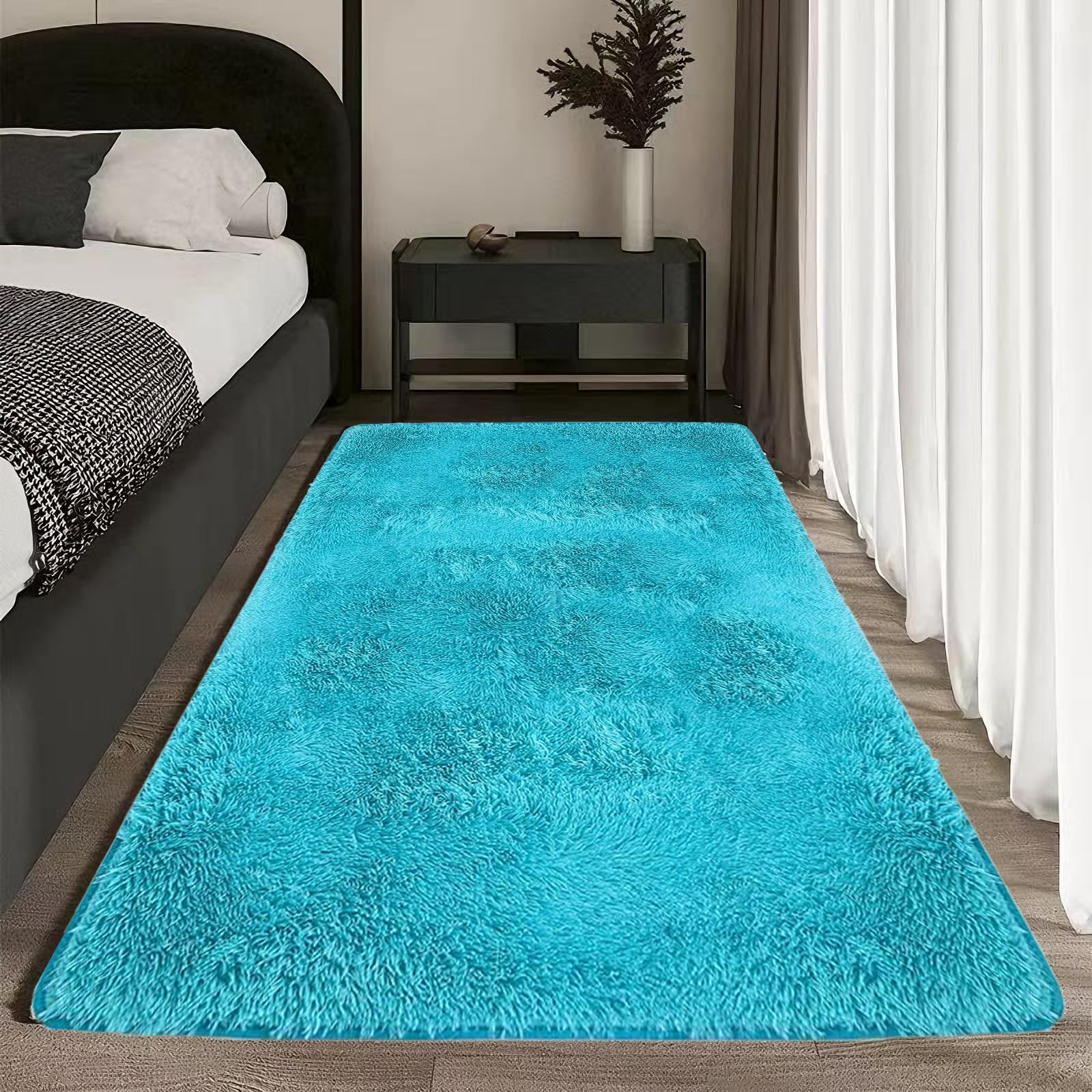 Tapis shaggy anti-glisse bleu 80x500 cm qui ne peluche pas