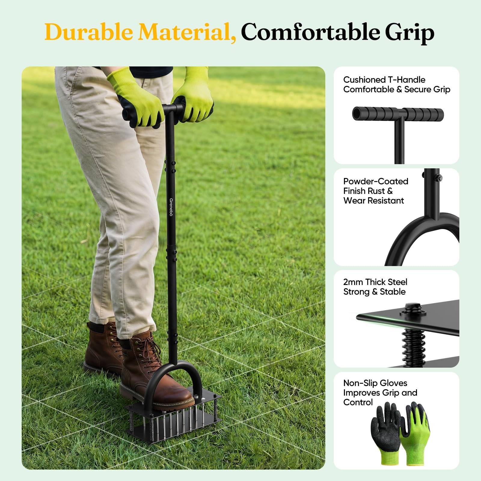 Grenebo Rasenbelüfter – Handbelüfter mit 16 Stacheln, Metall-Rasenbelüfter für den Garten, Rasenbelüftung, automatischer Bodenauswurf (schwarz)