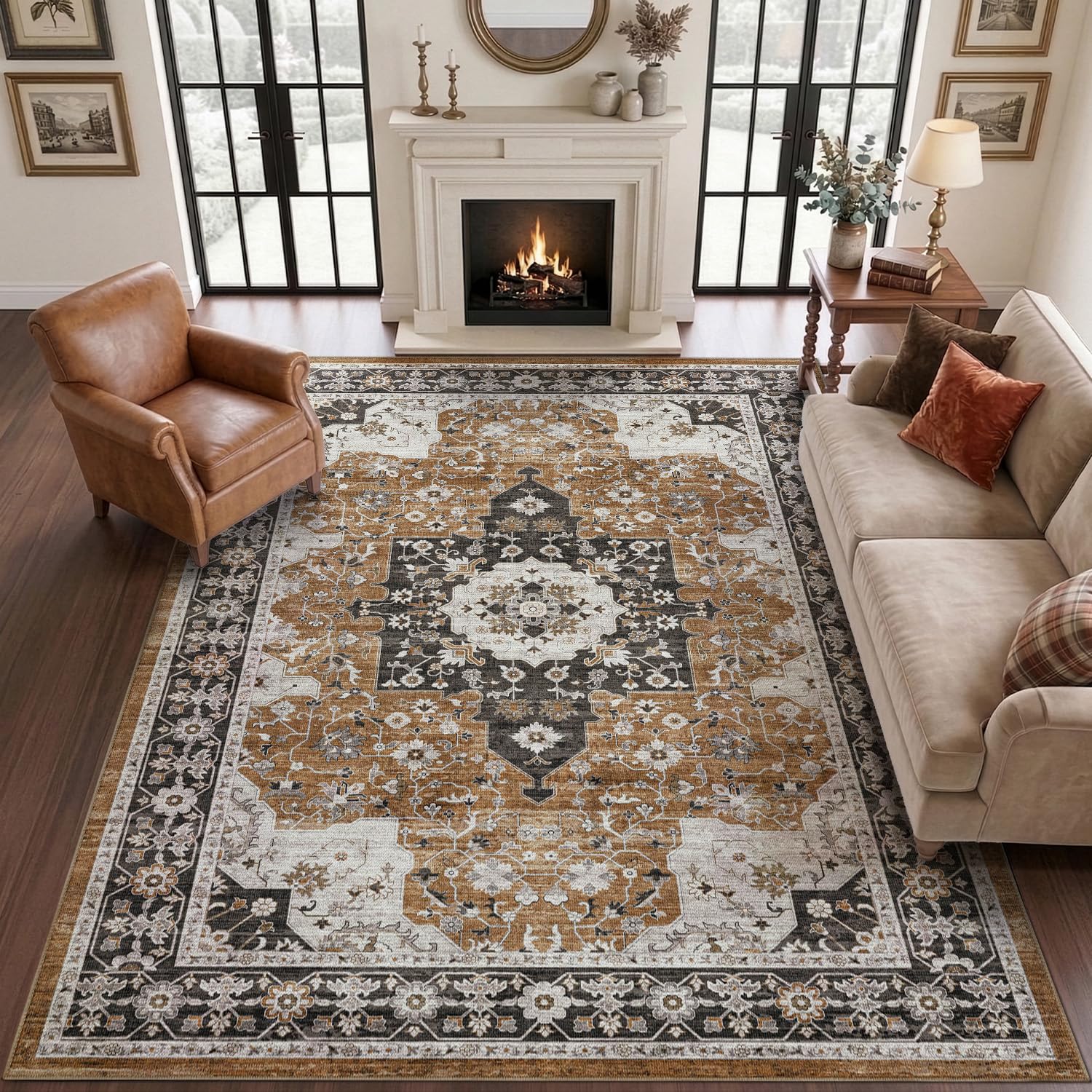 Photo 1 of **FACTORY SEALED** DEXI Washable Area Rug for Living Room 5x8, Vintage Farmhouse Soft Indoor Large Rugs, Stain Resistant Low Pile Carpet with Non Slip Backing for Dining Bedroom Office, Brown