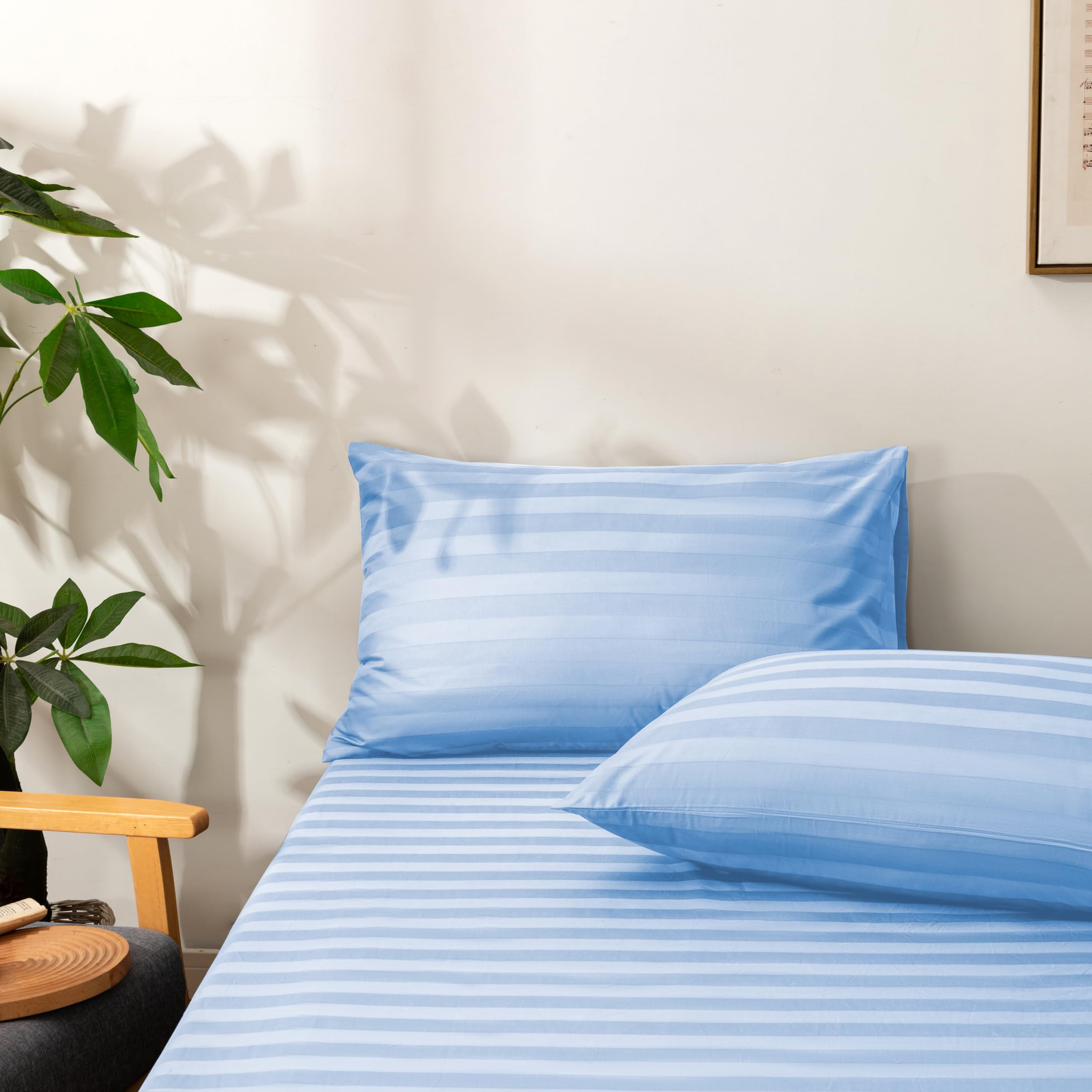 2 Piece Cotton Stripe Fitted Sheet and Pillowcase Set,Including 1 Twin Blue Fitted Sheet & 1 Pillowcase Set,Organic Cotton Deep Pocket Fitted Sheet，NO Flat Sheet Included,Soft and Cooling