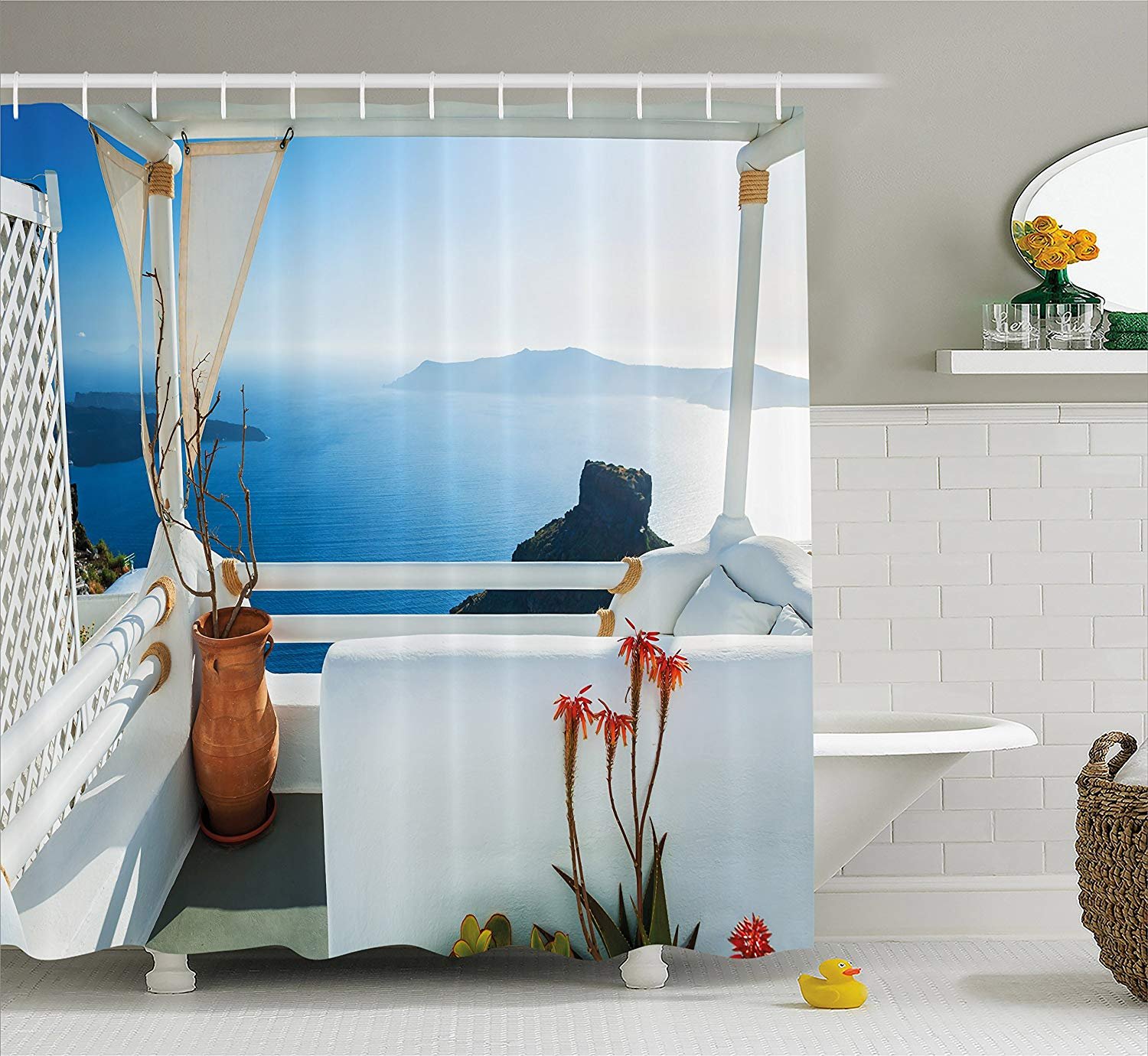 gwegvhvg European Shower Curtain Holiday Terrace with Sea at Sunset Architecture on Santorini Island Greece Fabric Bathroom Decor Set with Hooks 180CM Long Turquoise Blue
