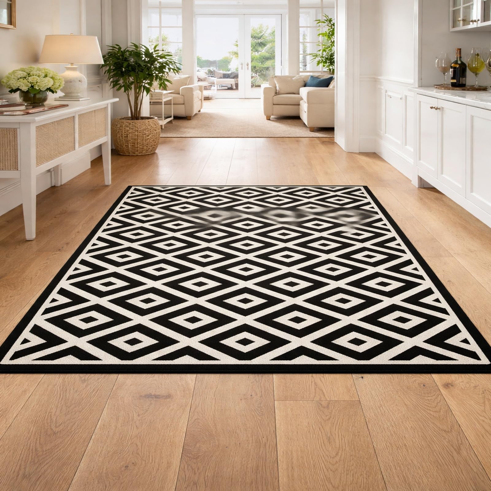 Alfombra moderna lavable geométrica negra de pelo corto Rururug para dormitorio