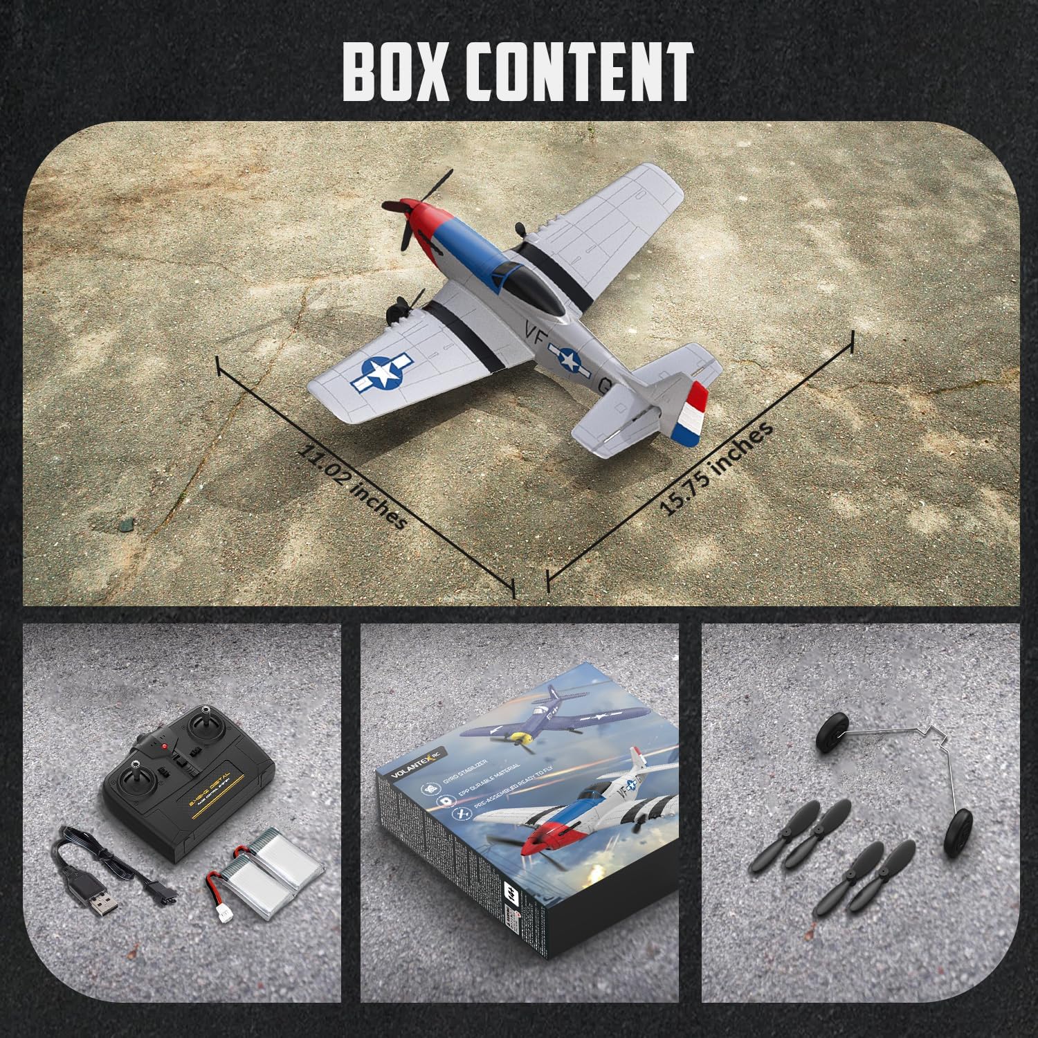 Volantexrc Avion télécommandé 3CH RC P51 RTF pour débutants Adultes Gyroscope 2.4GHz 6-Axis Stabilizer