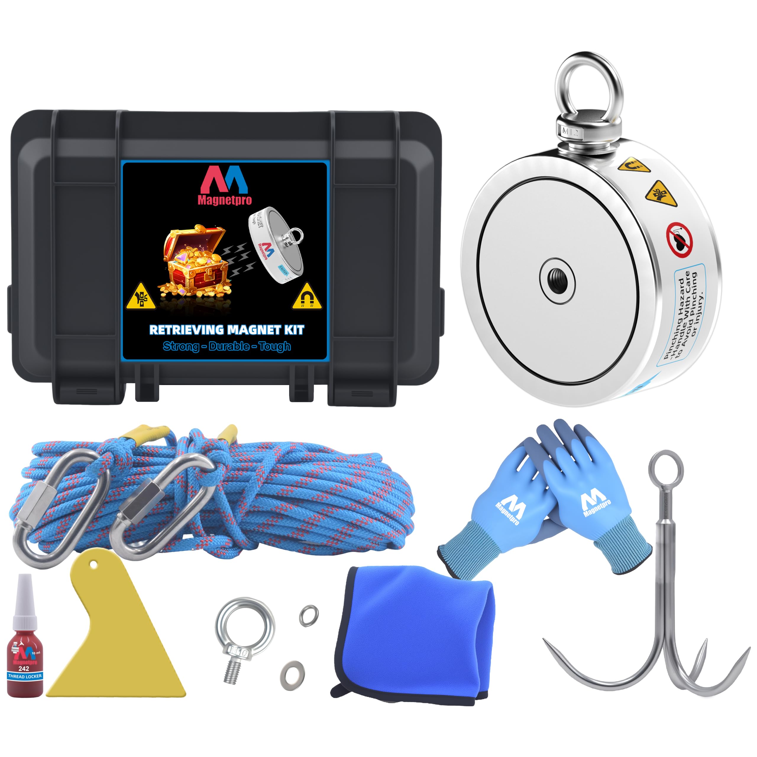Magnetpro 3000LB’s Complete Retrieving Magnet Fishing Kit | Double Sided Fishing Magnet Kit | Includes Strong Neodymium Magnets, Durable 65ft Rope,
