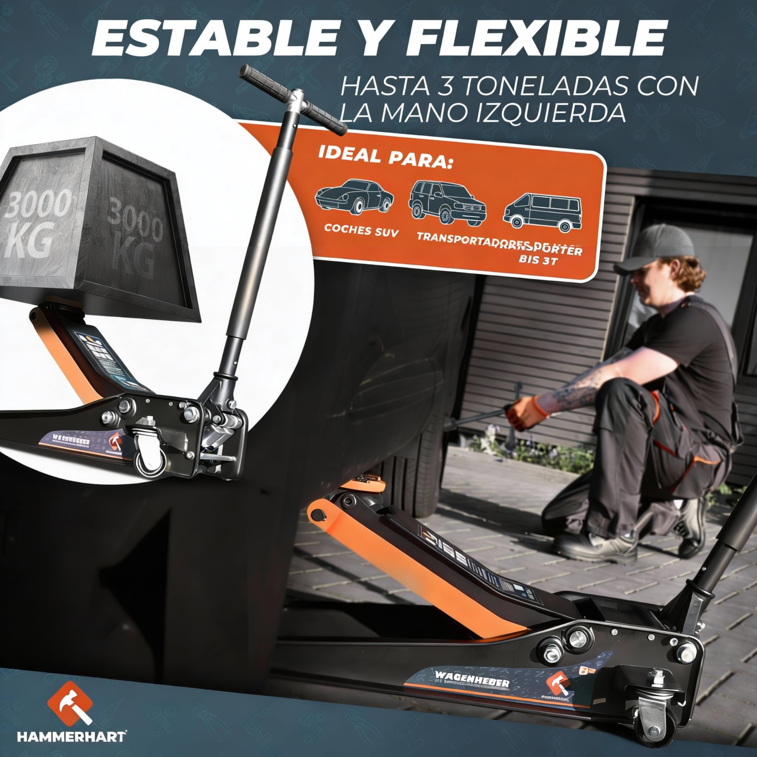 Gato hidraulico para Coche 3T | Gato Coche de maniobra homologado por TÜV con Altura de elevación de 75-505 mm | Gato hidráulico Premium con Ruedas de 360° y pistón Doble | Gato con Soporte de Goma y