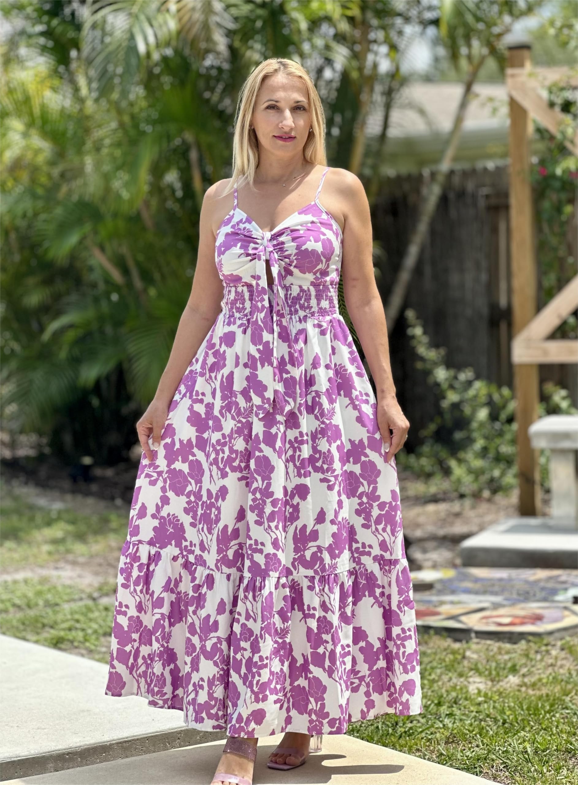 GRACE KARIN Women's 2026 Summer Maxi Dress Floral Tie Front Spaghetti Strap Casual Boho Beach Flowy Sundress with Pockets