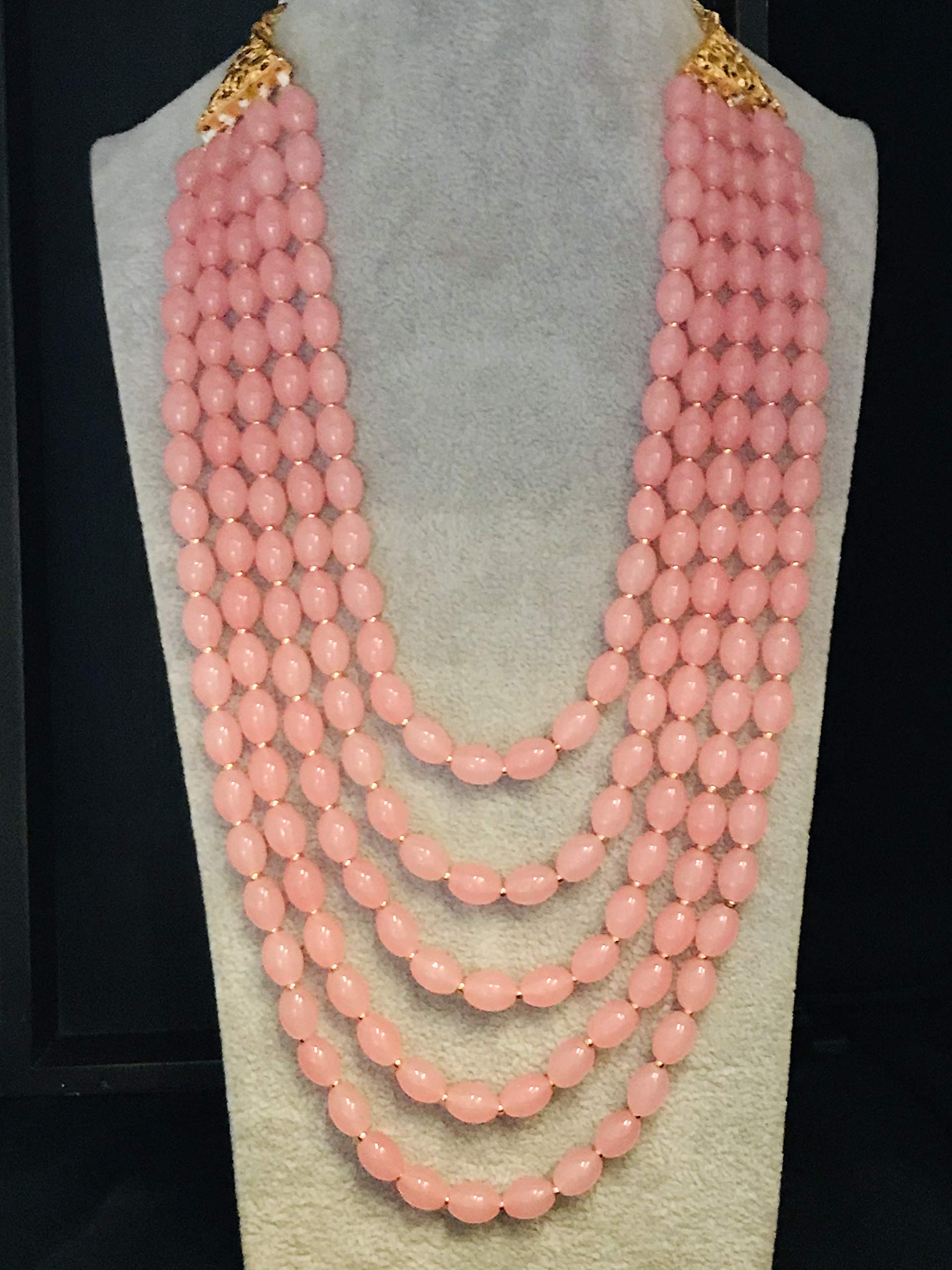 THE OPAL FACTORY Glass Moti Traditional Rajasthani Semi Precious Quartz Imitation Five Layer Necklace Mala In Peach And Gold For Women And Girls