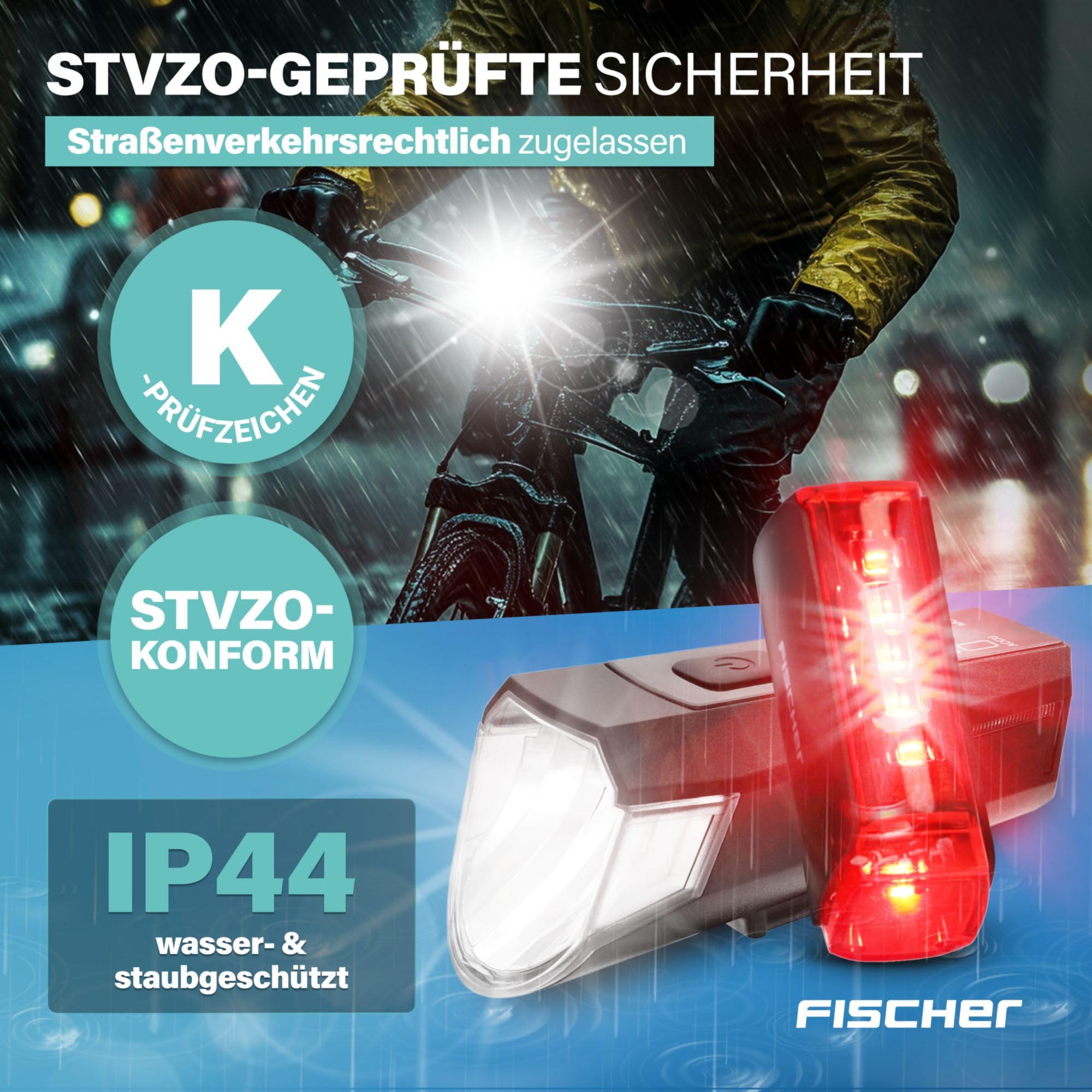 FISCHER Set di luci doppie per bicicletta, illuminazione a 360°, lampada a LED per bicicletta, 80 Lux, batteria ricaricabile con USB C, montaggio anteriore e posteriore senza attrezzi