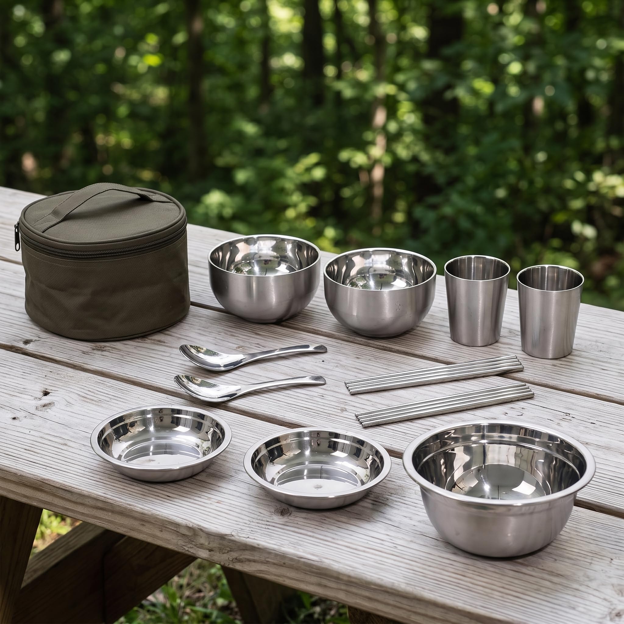 Juego vajilla Camping Acero Inoxidable, portátil para actividas al Libre, Juego de 11 Piezas de Utensilios de Cocina para Exteriores de Acero Inoxidable 304