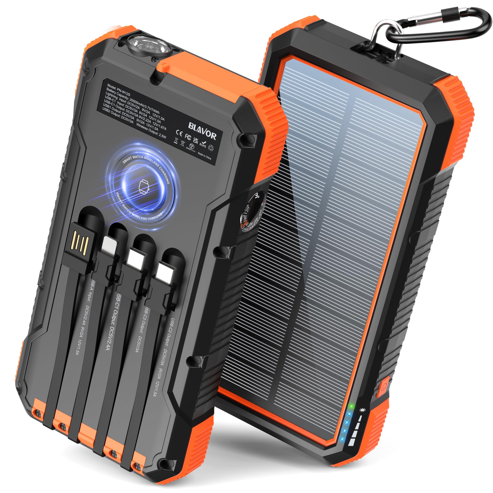 BLAVOR Solar Power Bank 20000mAh Portable Charger Built in 4 Cables, 20W Fast Charging Outdoor Power Bank with USB C, Flashlight, Carabiner, Battery Pack for All Cell Phones, Apple Watch