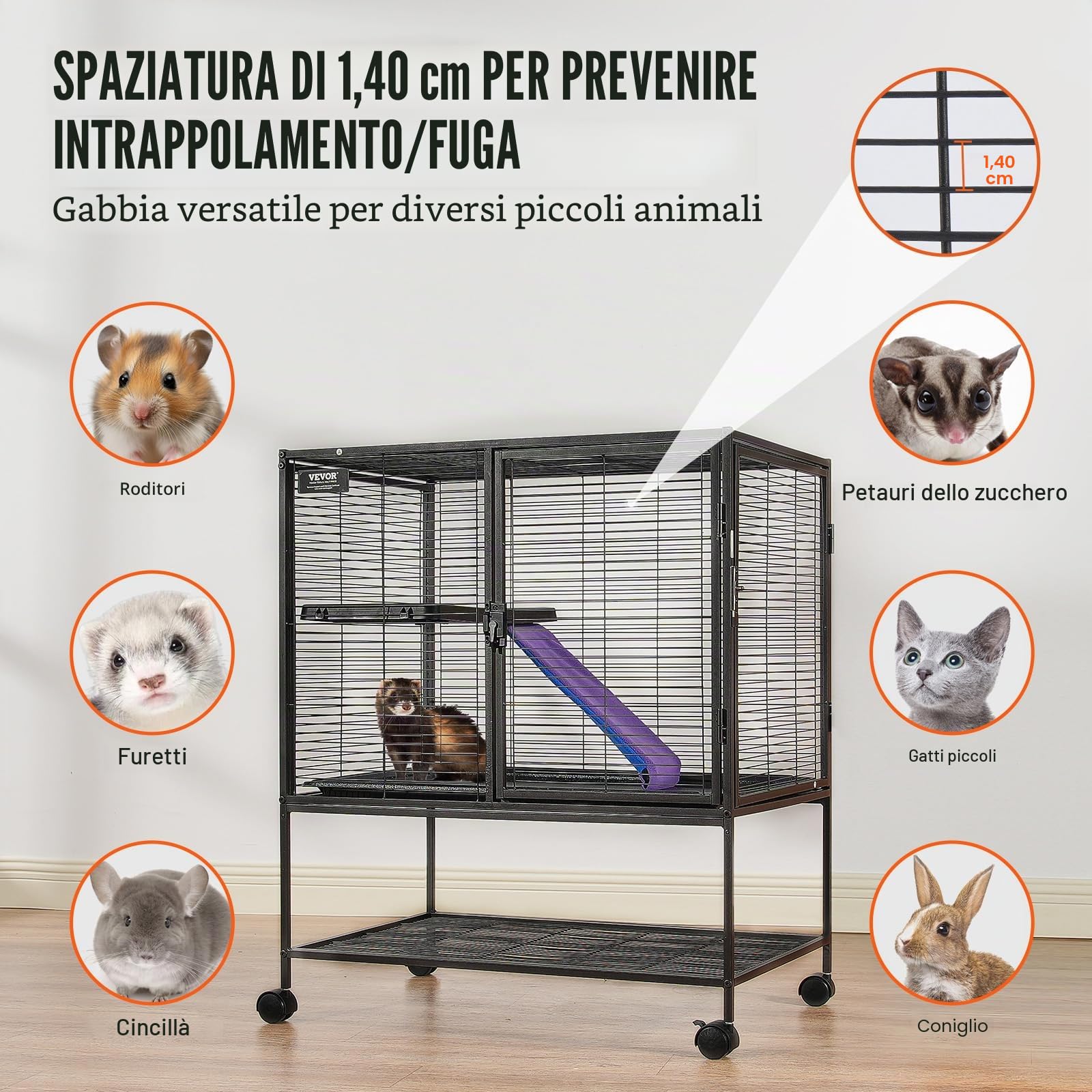 VEVOR Gabbia per Animali in Metallo Rotelle 920 mm, Grande Gabbia a 2 Livelli, Facile Installare Gabbia per Animali con Rampe e Vassoio, Ruote Bloccabili, Ampio Ripiano di Stoccaggio