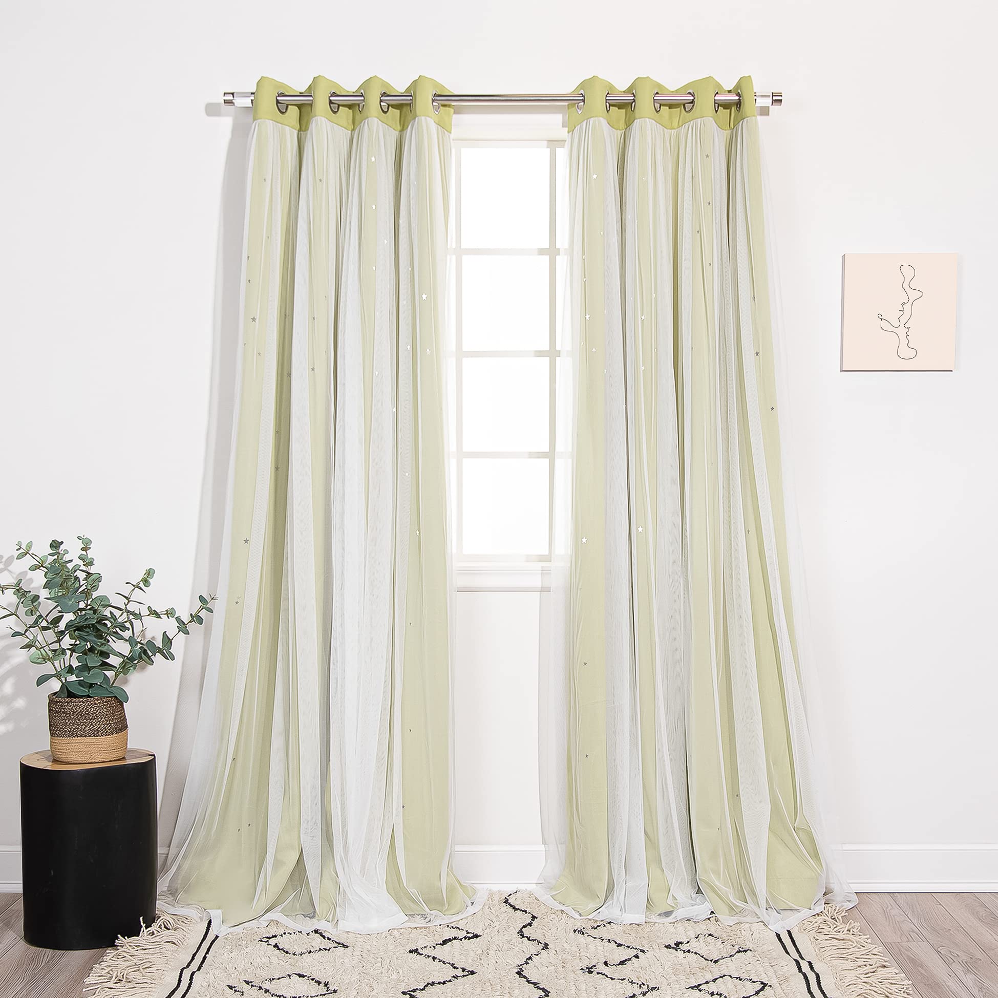 Best Home Fashion Set of 2 Tulle Overlay Star Cut Out Silver Grommet Curtains for Bedroom, Living Room, Kids Room, Sun Blocking Thermal Insulated Blackout Window Curtains (Sage, 52