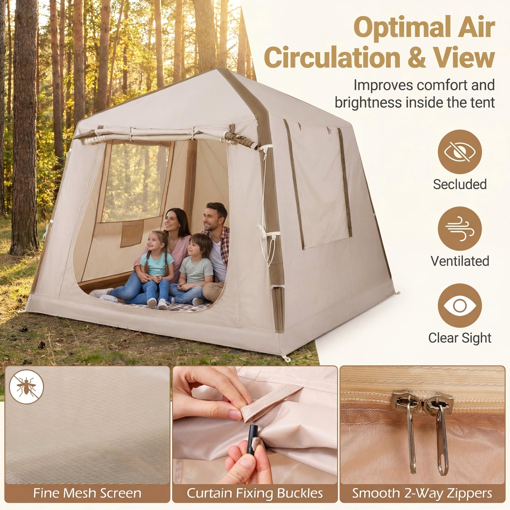 HOMASIS Tenda da Campeggio Gonfiabile, Tenda a Cabina da Esterno per 2-4 Persone, con Pompa, Porte e Finestra in Rete, in Tessuto Oxford Impermeabile, per Viaggi e Escursionie, 210 x 210 x 180 cm