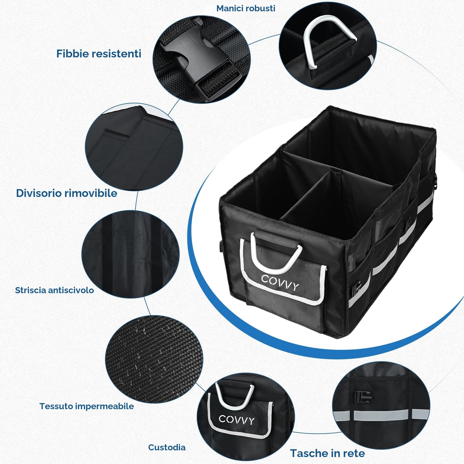 Organizer Bagagliaio Auto 65L, pieghevole, con tasca con patta, tasche laterali e manico resistente, fondo antiscivolo, Organizer Auto Bagagliaio di piccole dimensioni e SUV