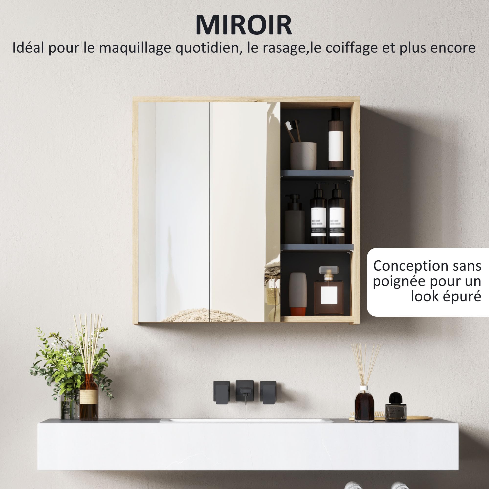 HOMCOM Armoire de Salle de Bain avec Miroir, Montage Mural, Armoire de Toilette avec 2 Portes Miroir, 3 étagères Ouvertes, 60 x 20 x 60 cm, Bois Naturel