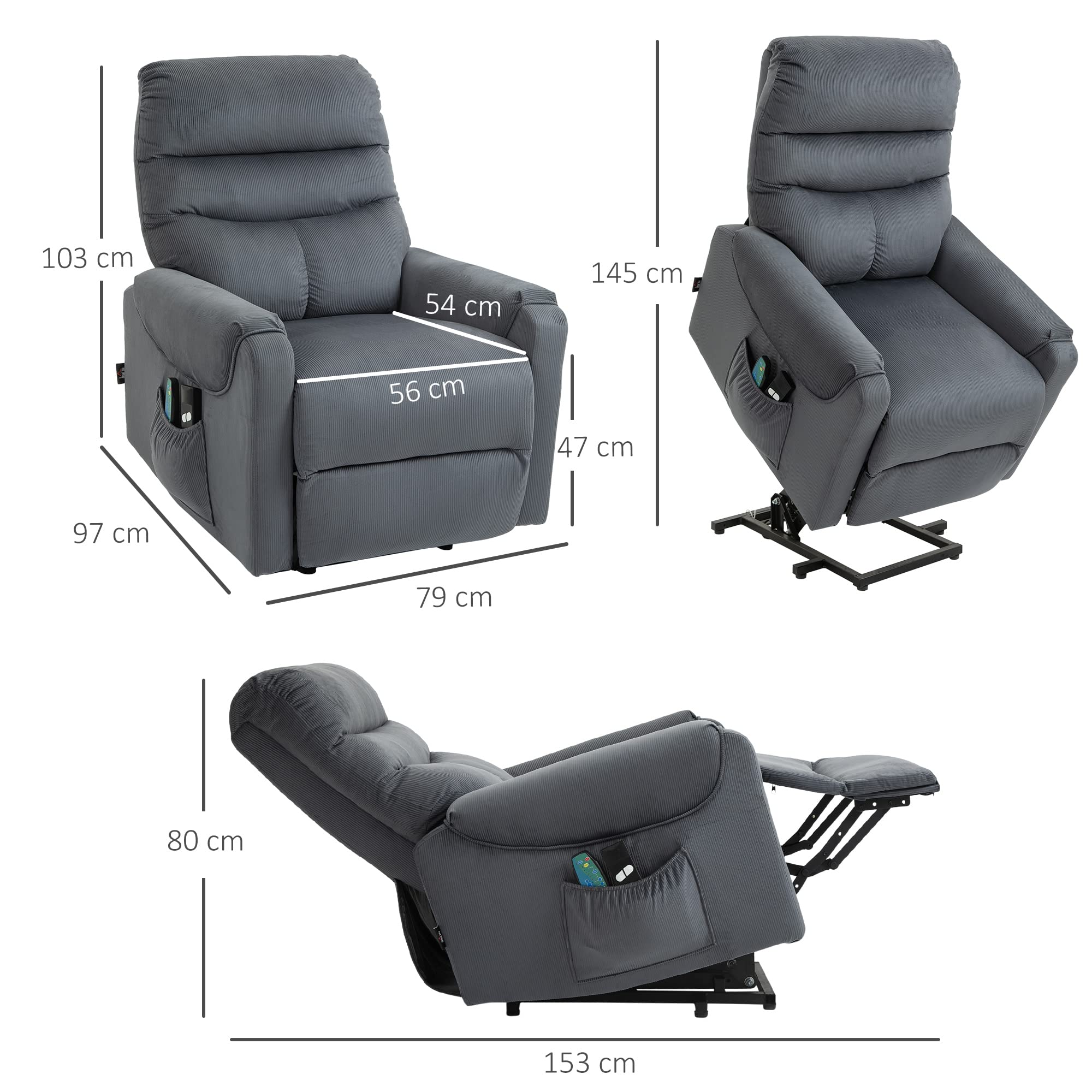 HOMCOM Fernsehsessel mit Aufstehhilfe Elektrisch, Massagesessel mit Liegefunktion und Wärmefunktion, Relaxsessel mit Fernbedienung und Seitentasche Verstellbar Polyester-Gewebe Dunkelgrau