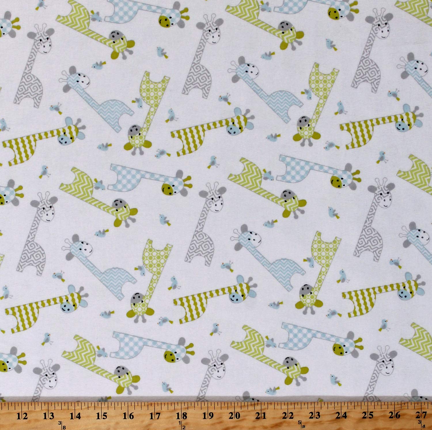 Flannel Giraffes Baby Jungle Animals Birds Green Blue Gray on White 44" Wide Cotton Flannel Fabric Print by The Yard (D283.17)