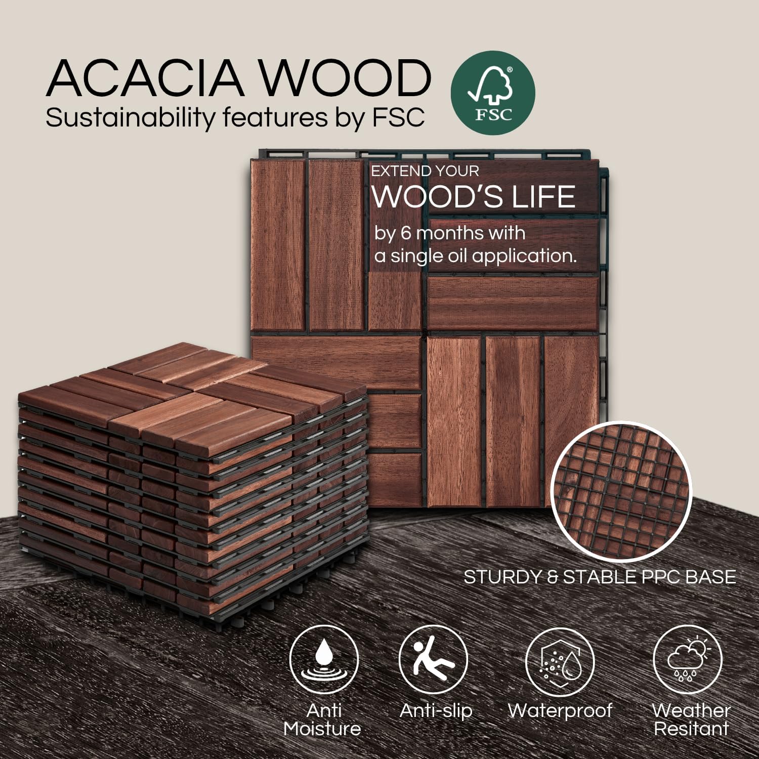 THYOI 10 Pcs Premium Deck Tiles, Patio Flooring - Outdoor Waterproof Acacia Wood Tiles for All Weather Use - Balcony, Backyard, Indoor & Outdoor (Dark Brown Crossed Pattern, 10 Square Ft)