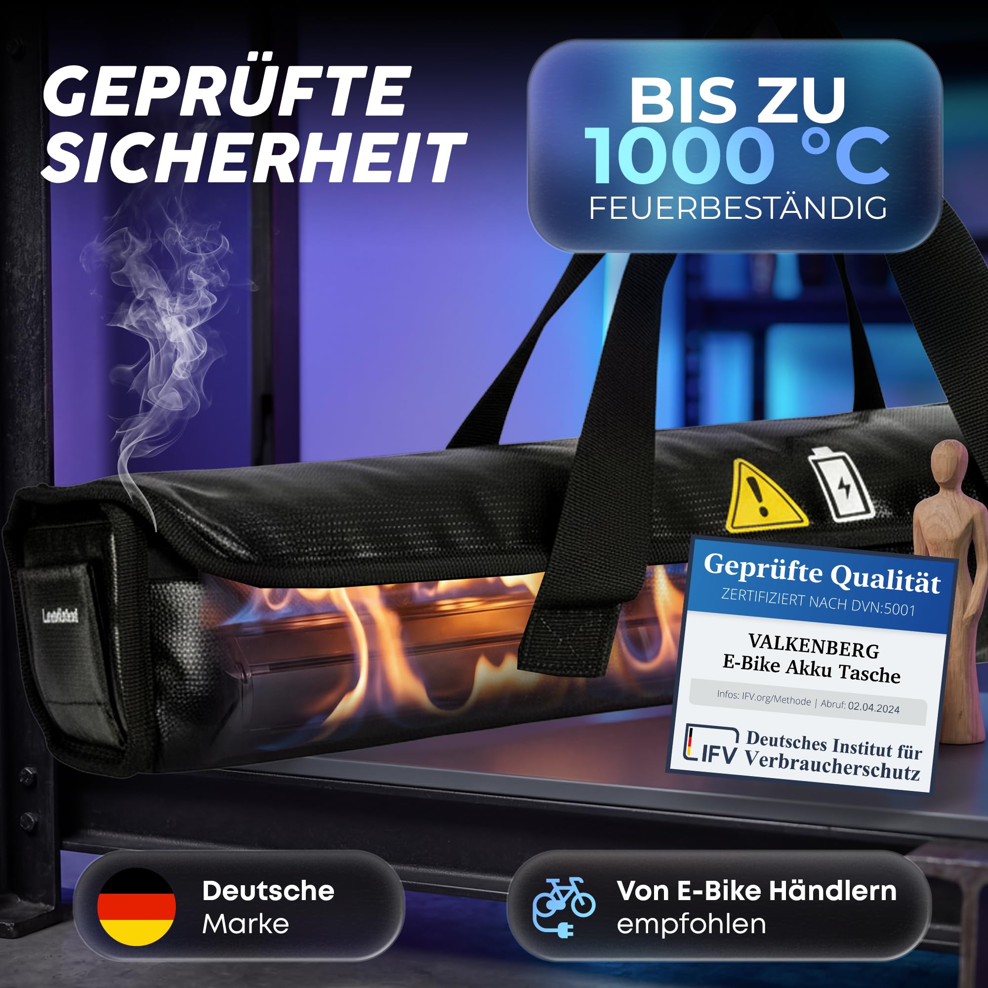 E-Bike Akku Tasche – Feuerfeste Akkubox für E-Bike Akkus mit Kabeldurchführung – Akku Schutzhülle feuerfest inkl. Trageschlaufe – Akku Transportbox & Aufbewahrungstasche, Größe XL