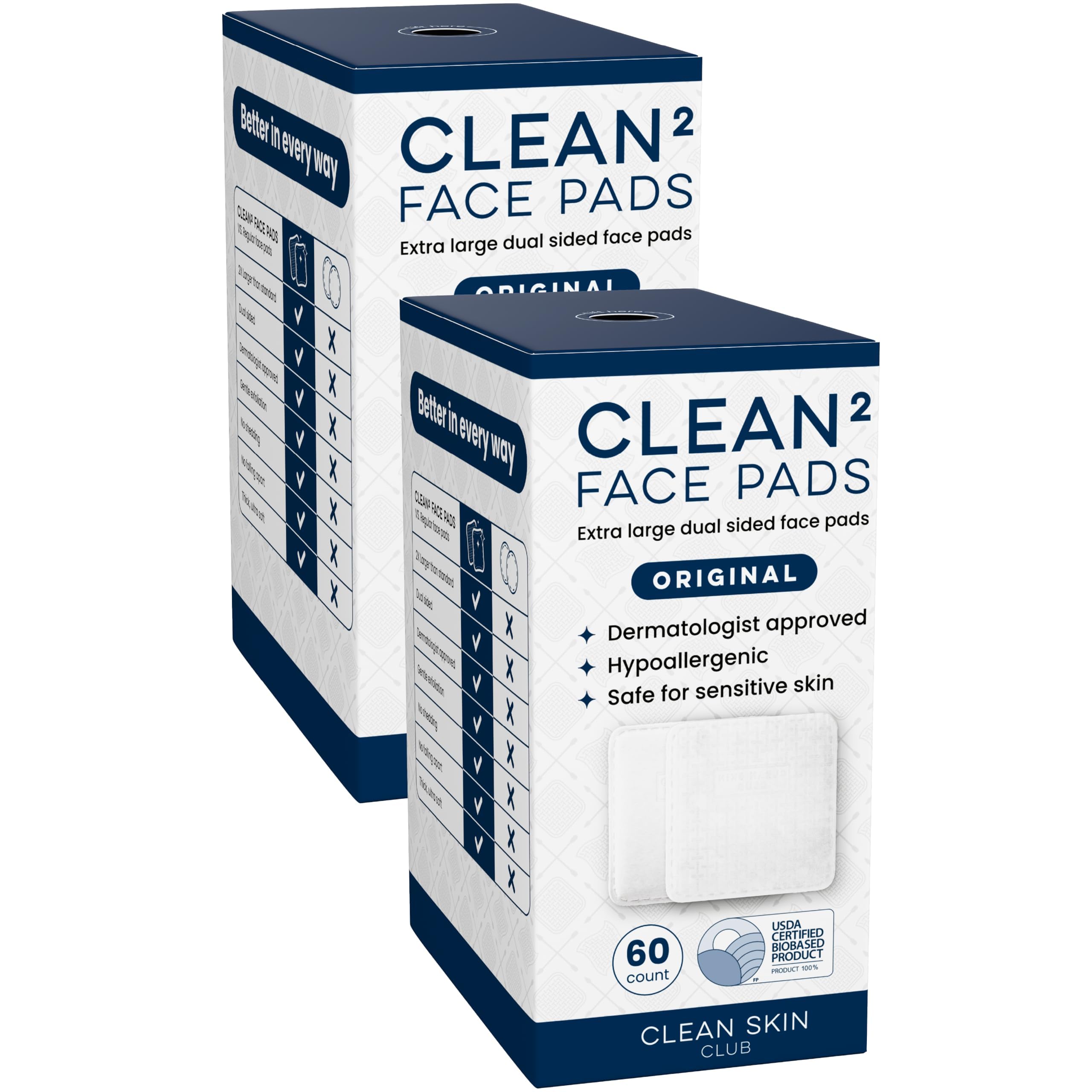Clean Skin Club Clean² Extra Large Face Pads Used with Makeup Remover, Guaranteed Not to Shed & Tear, Unique Triple Layers, Textured Side & Ultra Soft Side, Vegan Organic Disposable Cotton(2 Pack)