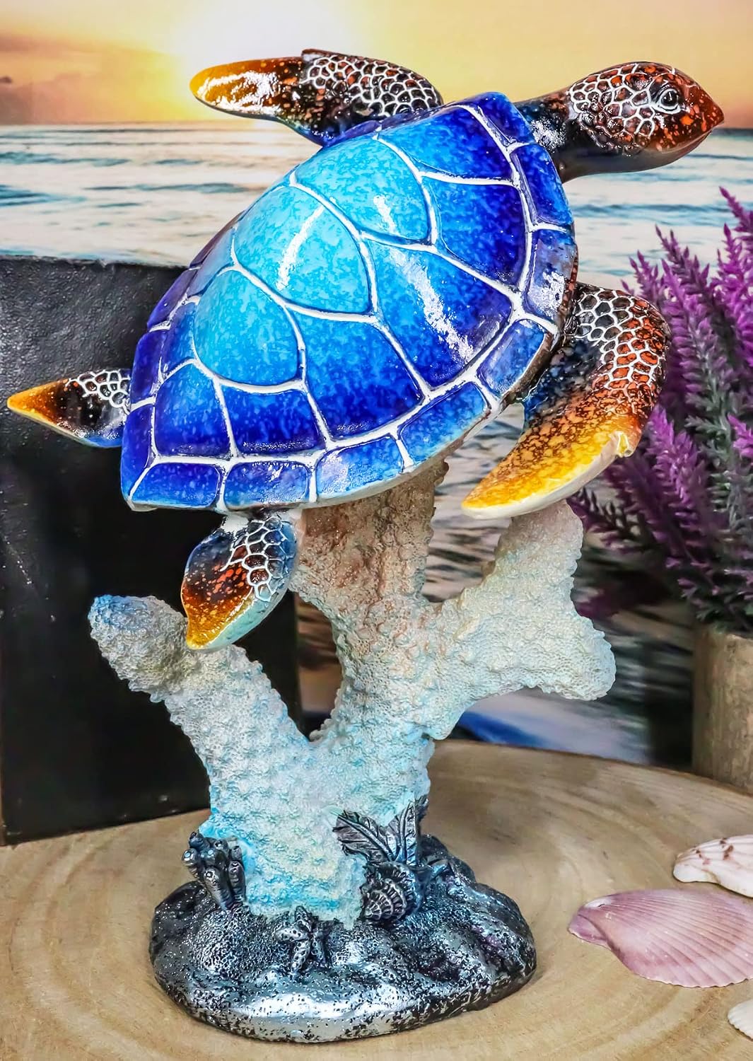 Ebros Gift Nautical Ocean Colorful Hues of Blue Giant Sea Turtle Swimming by Underwater White Corals Figurine 8.75" High Reptile Tortoise Turtles Decorative Figurine Home and Office Decor