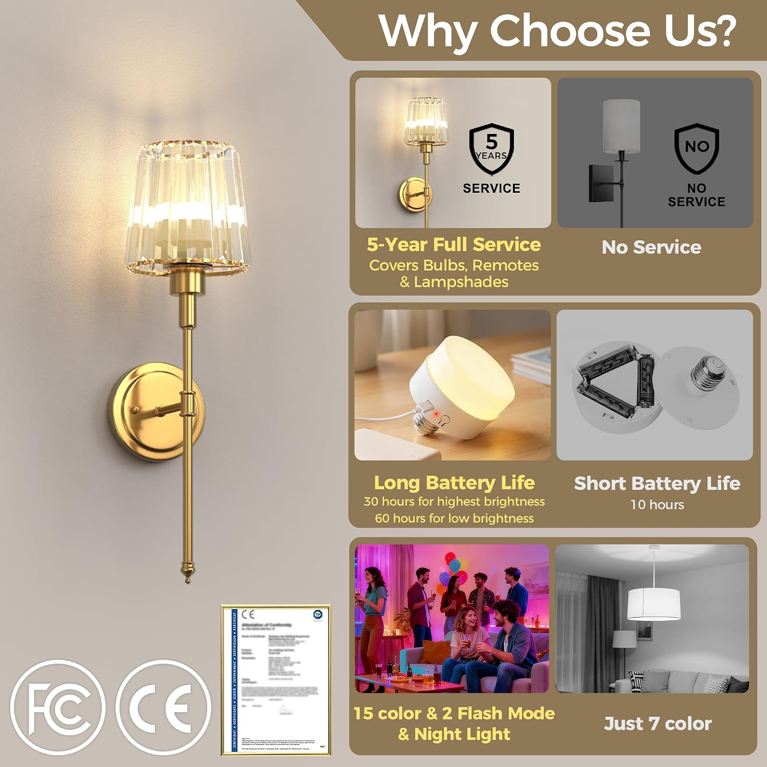 DORESshop Battery Operated Wall Sconce Set of 2, Wireless Wall Light, 15 Color Rechargeable Wall Sconces, Sconce Wall Decor Set of 2 for Bedroom, Living Room, Gold and Crystal, 24.6in
