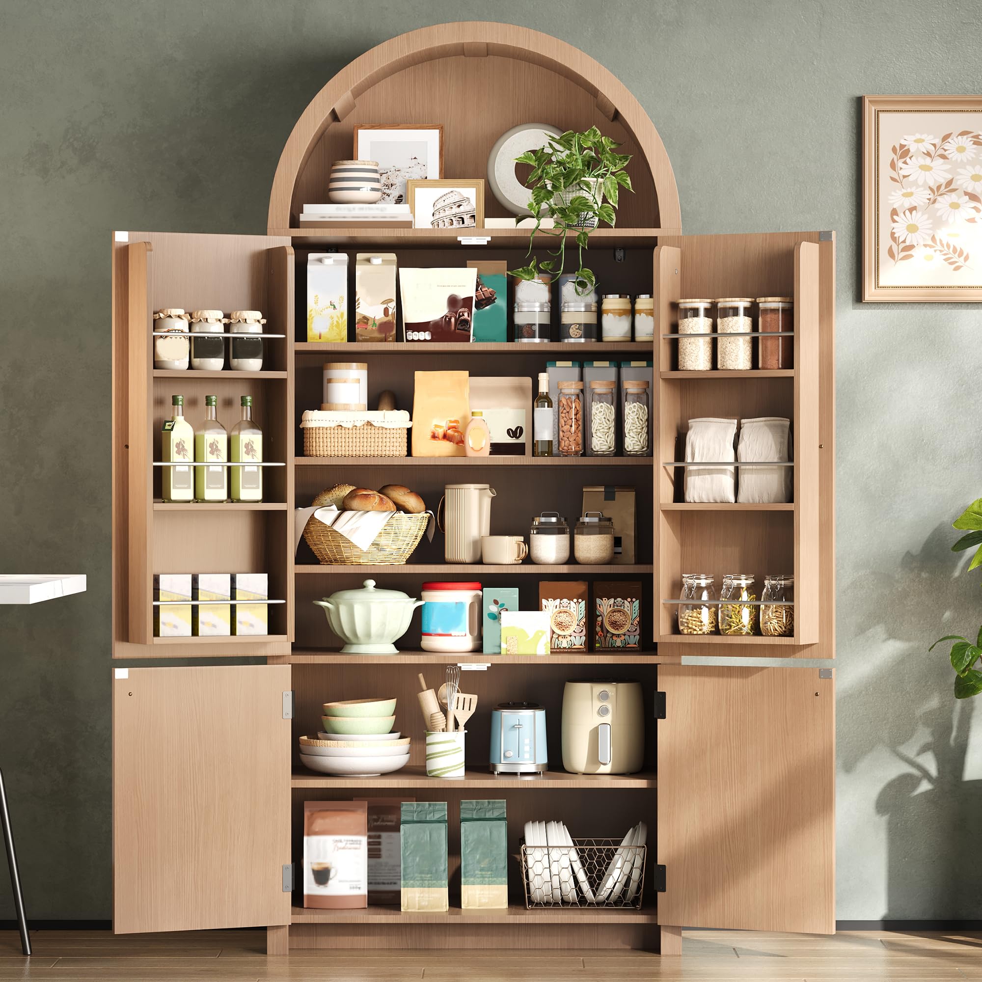 BTM Küchenschrank mit Türablagen und Offene Vitrine, Minimalistisch Bogenschrank Wohnzimmerschrank 180cm Holzoptik