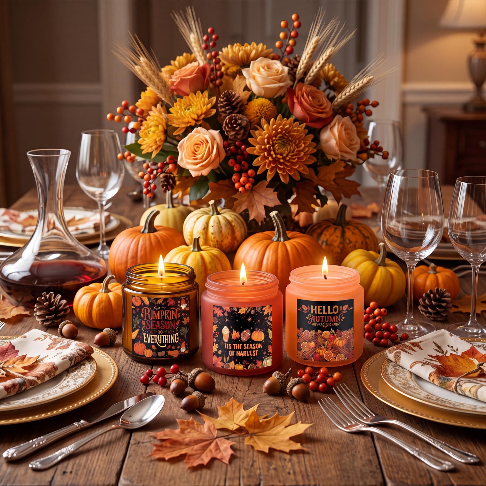 MTLEE Set di 6 candele profumate per la decorazione della casa, cera di soia autunnale, regalo per donne e uomini, profumo autunnale di torta di mele, zucca, vaniglia, cannella, mandarino, zucca erba