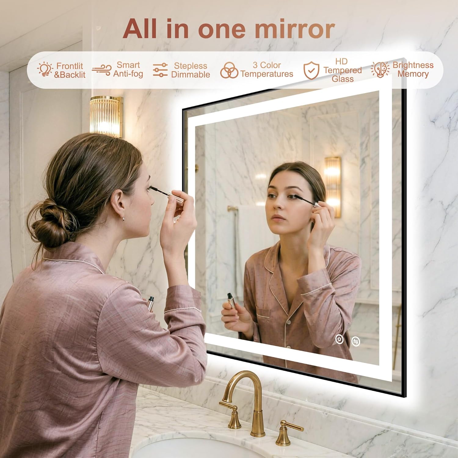 LED Bathroom Mirror with Lights, Black Framed Lighted Vanity Mirror, Front & Backlit, 30"x30", Anti-Fog, Dimmable 3 Color Temperature, Memory, Shatterproof Tempered Glass