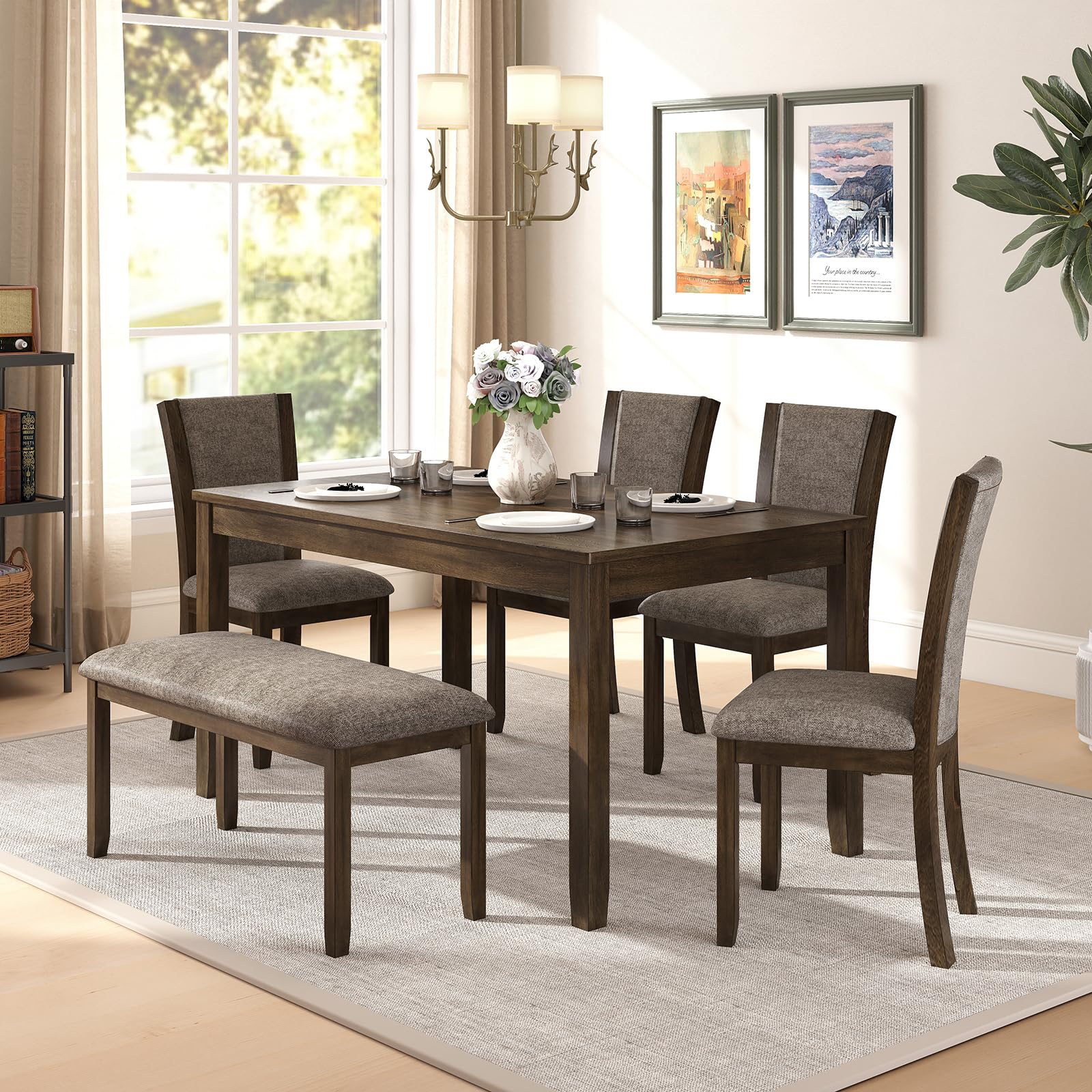 Photo 1 of ** CHAIRS ONLY **Zevemomo 6-Piece Solid Wood Dining Table Set, Including 1 Dining Table, 4 Upholstered Chairs and 1 Bench, Farmhouse Wooden Legs Dining Table Set for Living Room, Kitchen, Dark Walnut