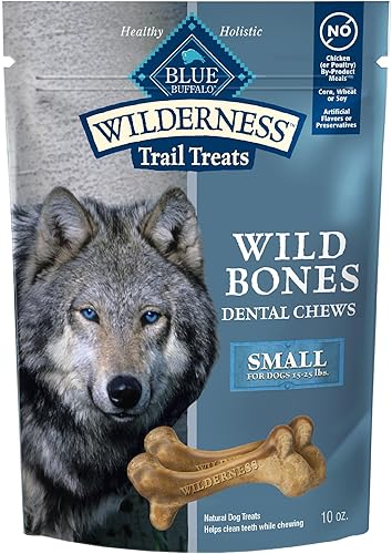 Blue Buffalo Wilderness Wild Bones - Golosinas dentales masticables para perros, pequeñas, bolsa de 10 onzas