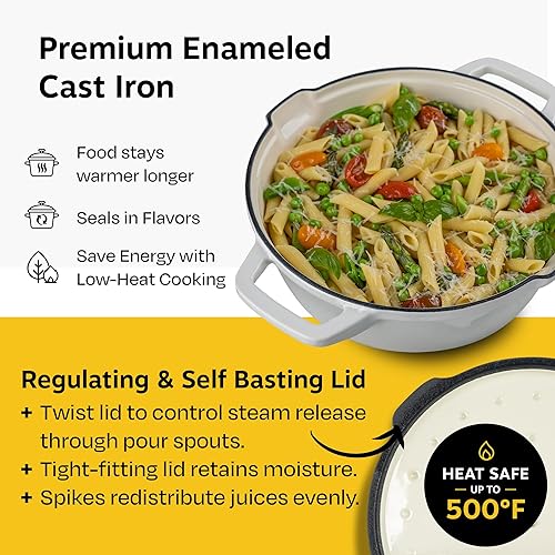 Miniatura 4 de NATIVO 5 piece Stackable Cast Iron Cookware Set, Versatile Enamel Dutch Oven, Seasoned Grill Pan & Enamel Braiser with Pour Spouts, Universal Lid,