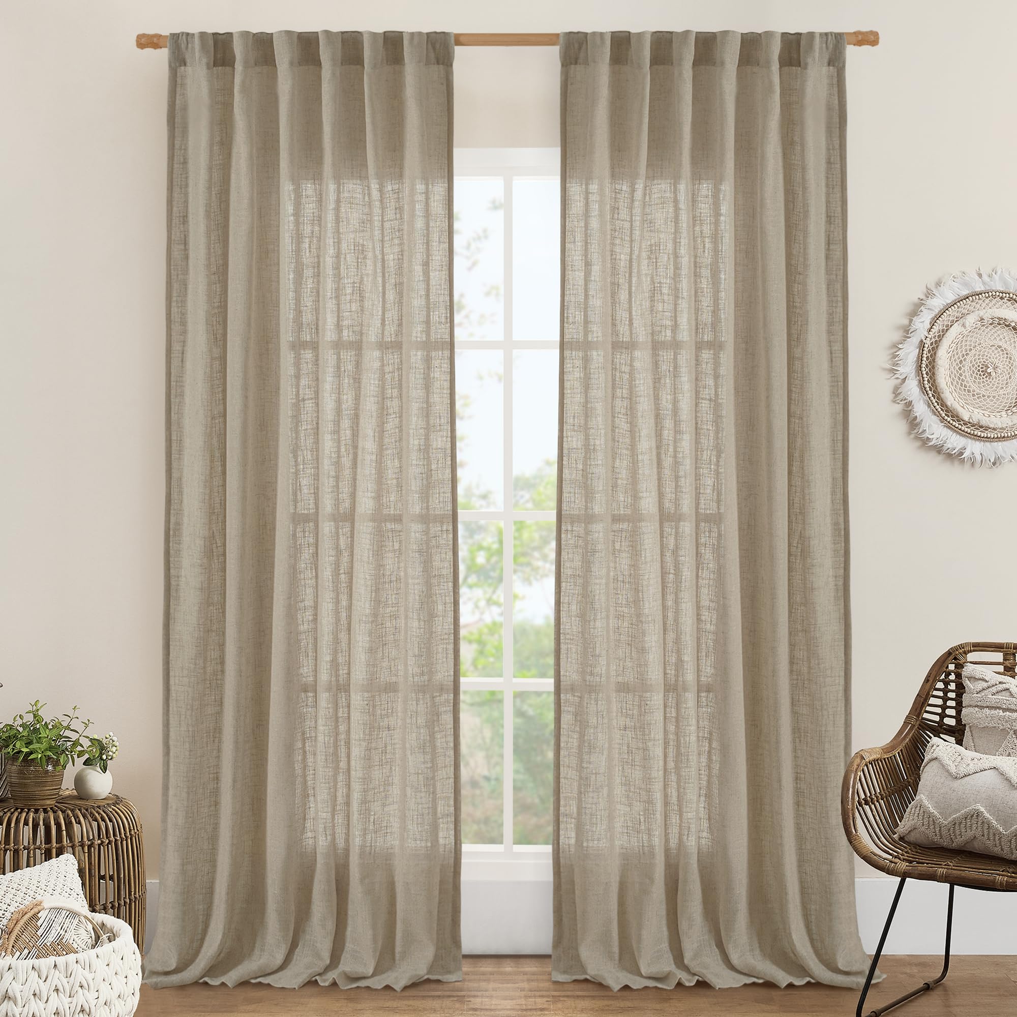 LAMIT Taupe Sheer Linen Curtains, 102 inch Light Filtering Semi Sheer Panels Back Tab and Rod Pocket Farmhouse Rust Drapes for Bedroom/Living Room, 2 Panels, 52 x 102 Inch