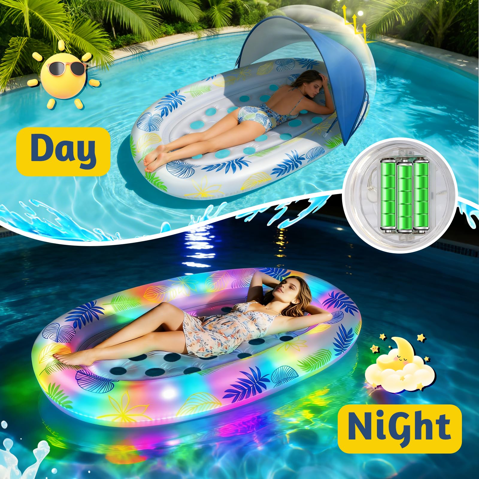 JONRRYIN Flotador Inflable Piscina, Flotador Inflable de Bronceado para Adultos con Toldo Desmontable e Iluminación, Colchoneta Hinchable Piscina para Playa Fiestas Verano