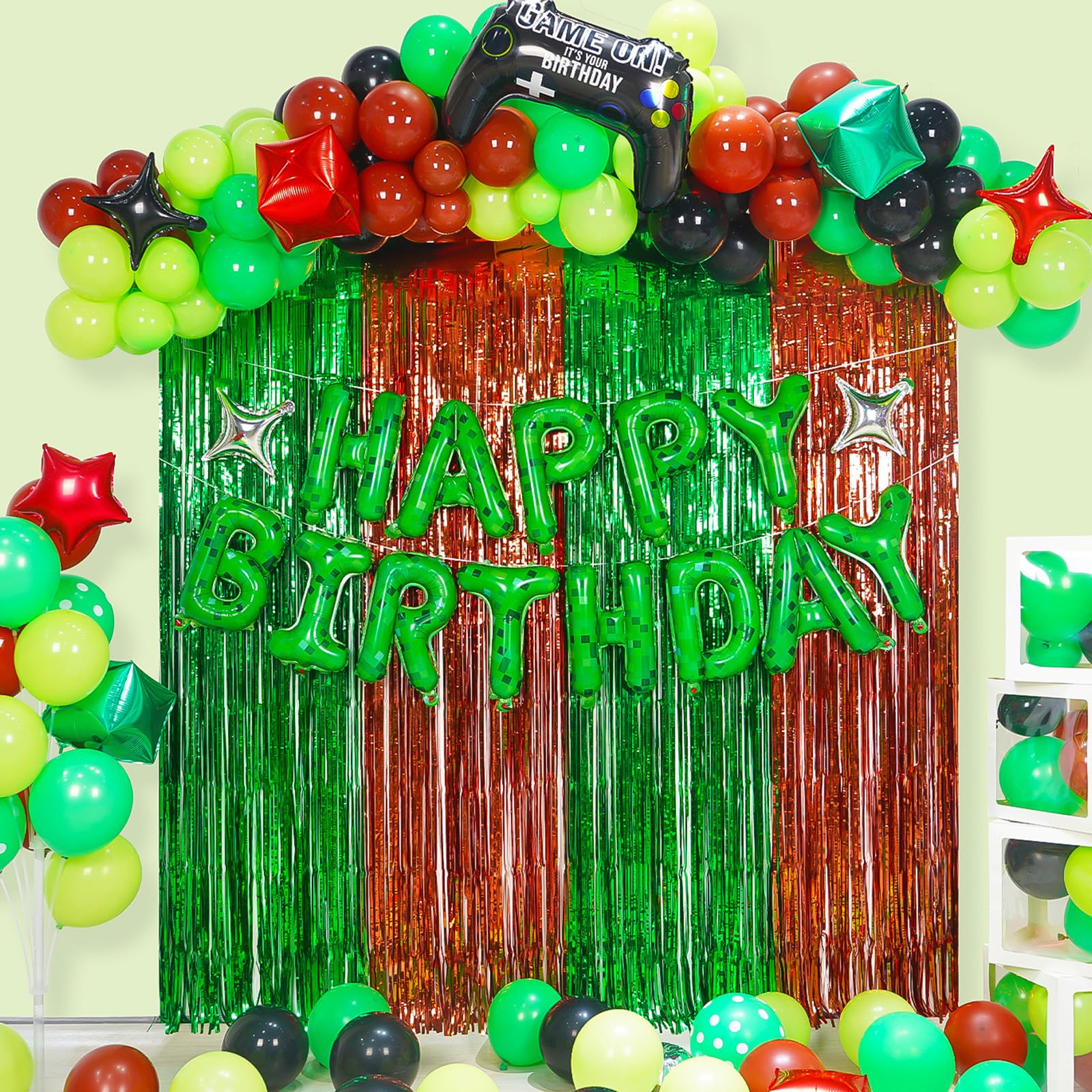 FANGBBO Pixel Birthday Party Decorations Balloons Arch Kit with Happy Birthday Banner Foil Curtain