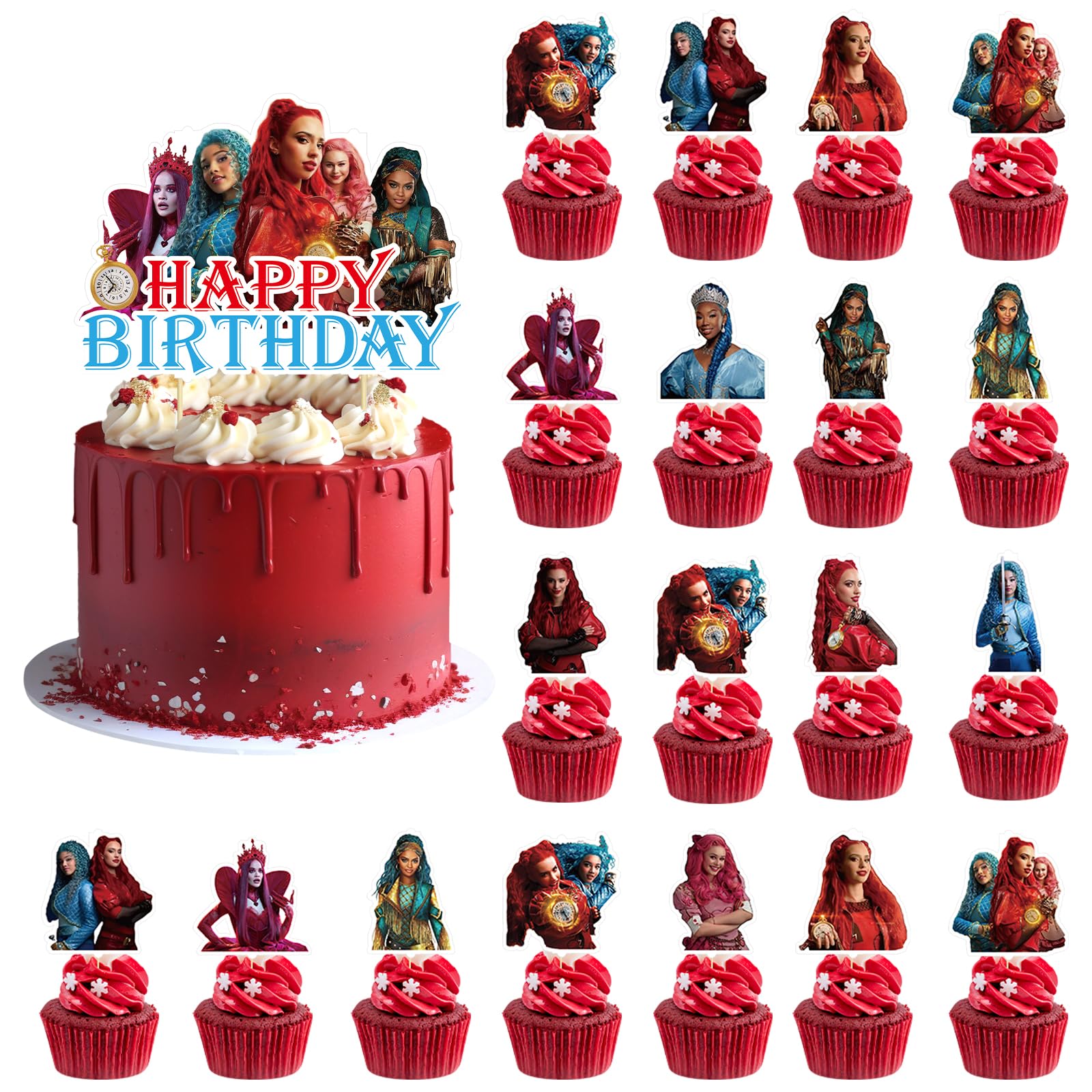 37pcs Rise of Red Cake Decoration, Descendants Party Supplies include 1pc Big Cake Topper 36pcs Cupcake Toppers for Descendants Theme Birthday Party