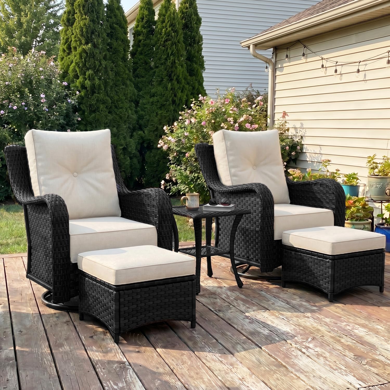 LayinSun 5 Piece Wicker Outdoor Furniture Set with 6-inch Comfy Cushions
