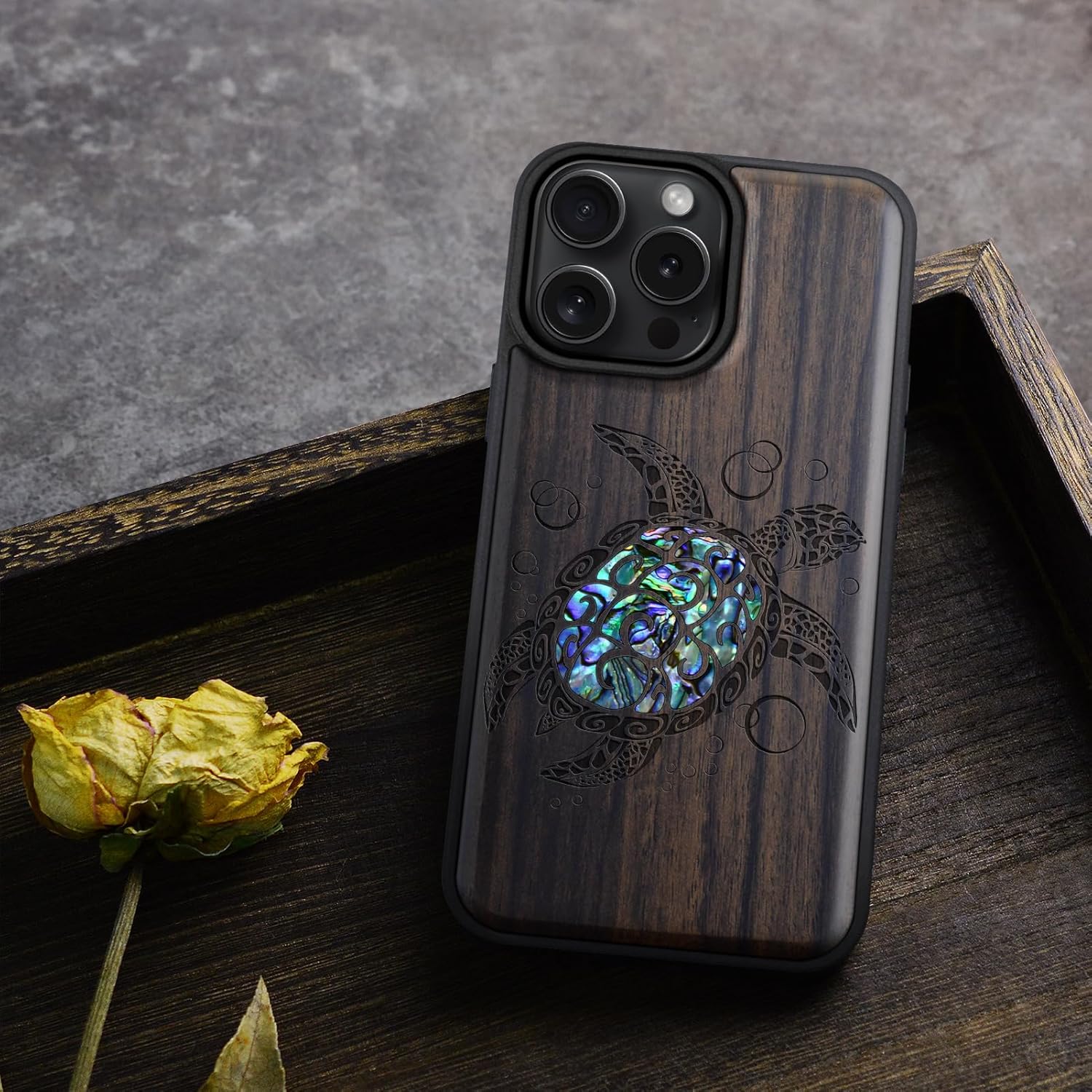 Carveit Magnetic Case for iPhone 16 Pro Case, Wood Artisan Engraved & Handmade Shell Inlaid, TPU Shockproof Cover, Compatible with MagSafe Wireless Chargers (Sea Turtle) Blackwood