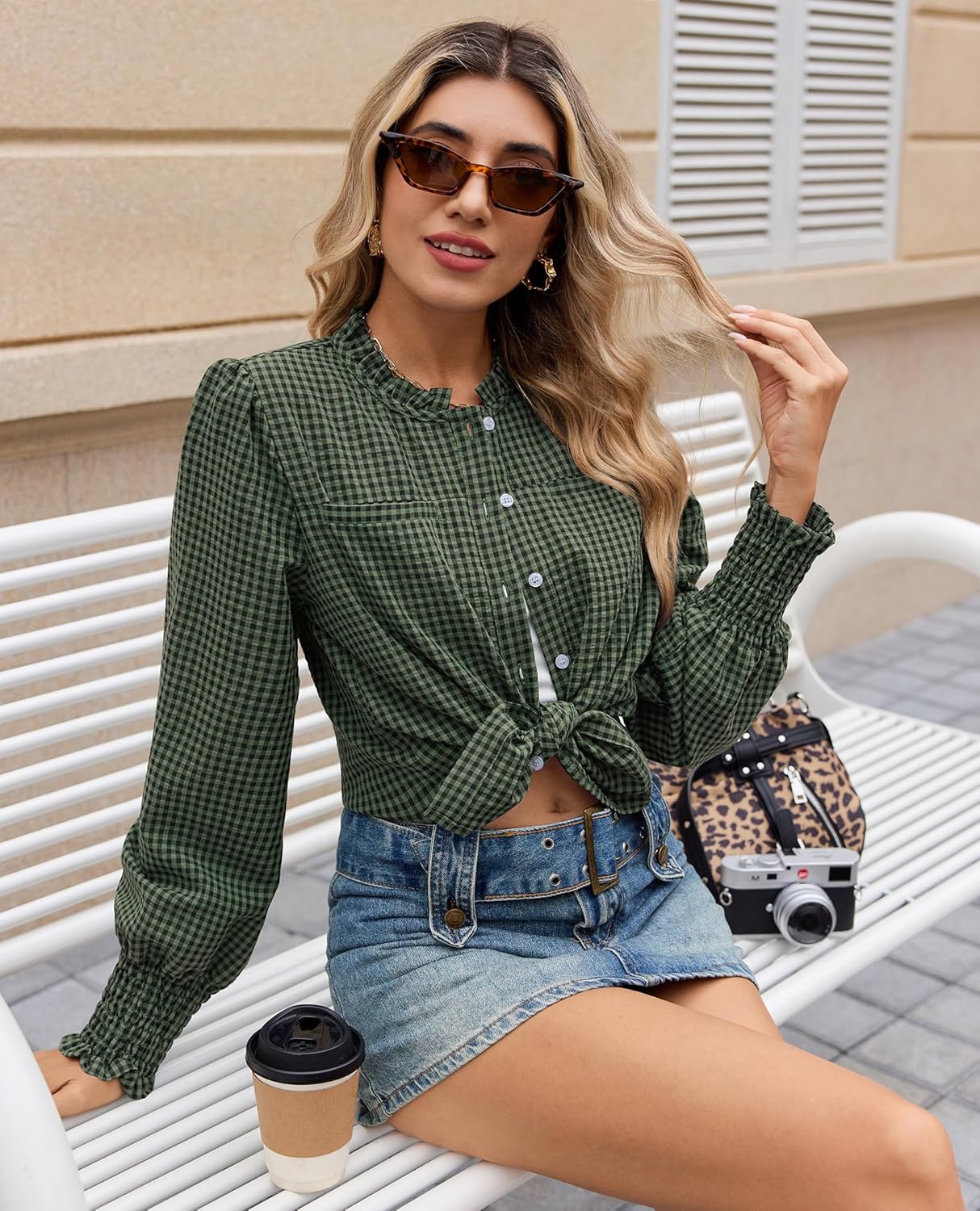 Plaid Shirts for Women Button Down Shirt Ruffle Neck Long Sleeve Blouses Dressy Casual Gingham Tops with Chest Pockets - Image 4