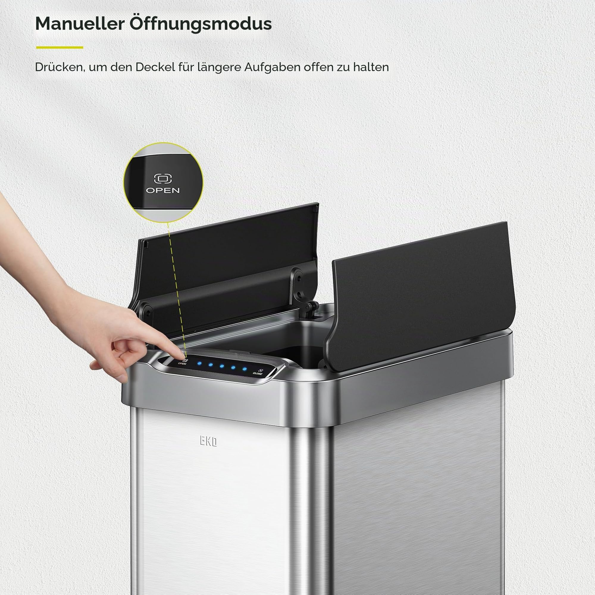 EKO Phantom-T Mülleimer mit vertikalem Bewegungssensor, 50 l, gebürstetes Edelstahl-Finish