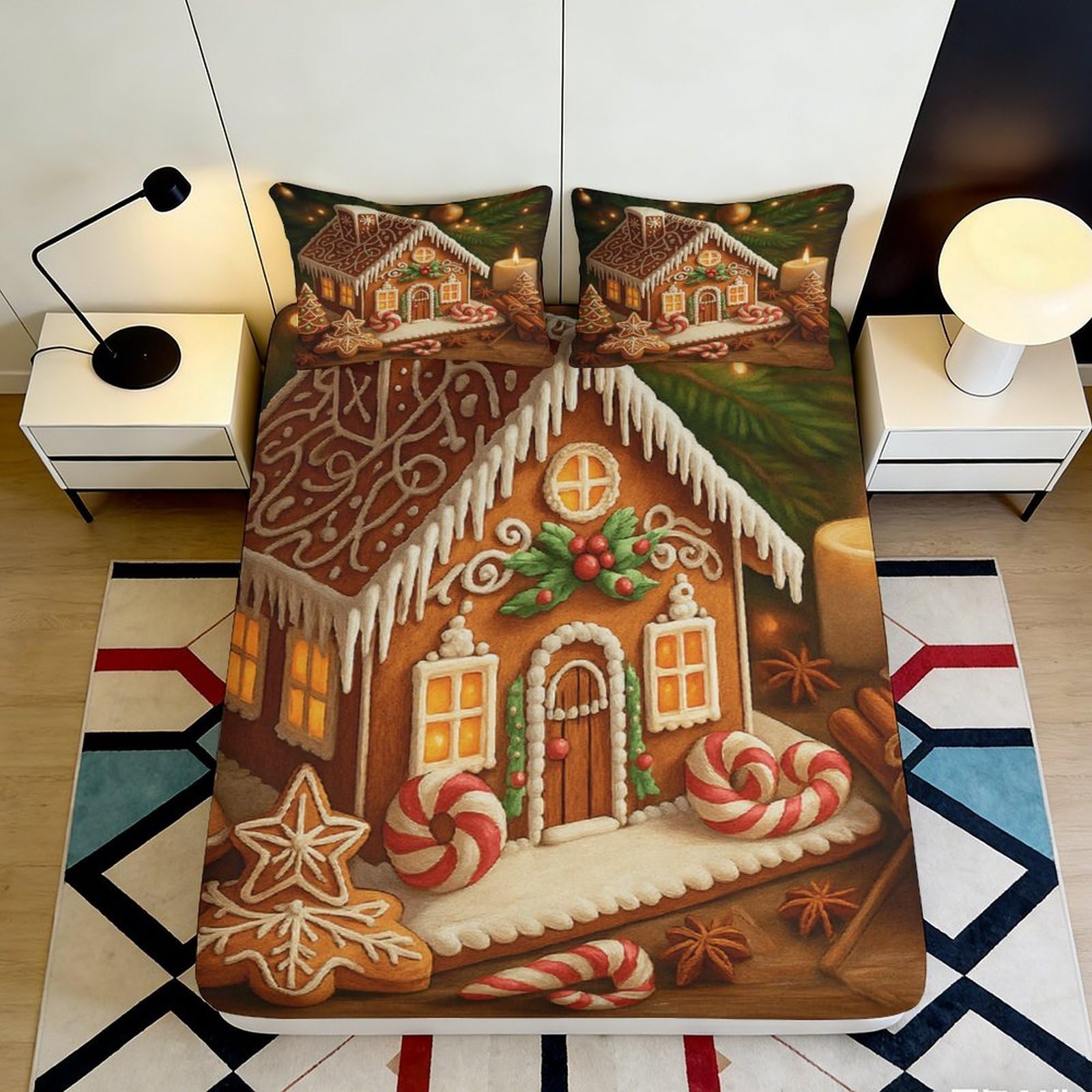3D Printed Gingerbread House Fitted Sheet Microfiber Soft Festive Candy Mattress Cover for Bedroom Dorm Holiday Decor 90x200x25cm