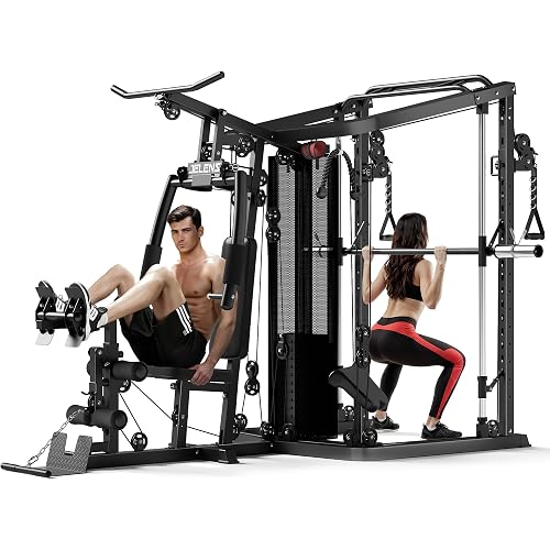 JELENS HM01 Home Gym System, 150LB Weight Stack Smith Machine with LAT Pull-Down & Leg Press, All-in-One Strength Training Equipment