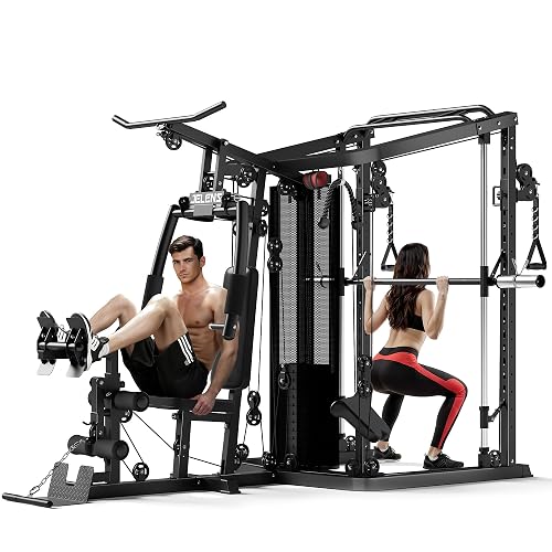 JELENS HM01 Home Gym System, 150LB Weight Stack Smith Machine with LAT Pull-Down & Leg Press, All-in-One Strength Training Equipment