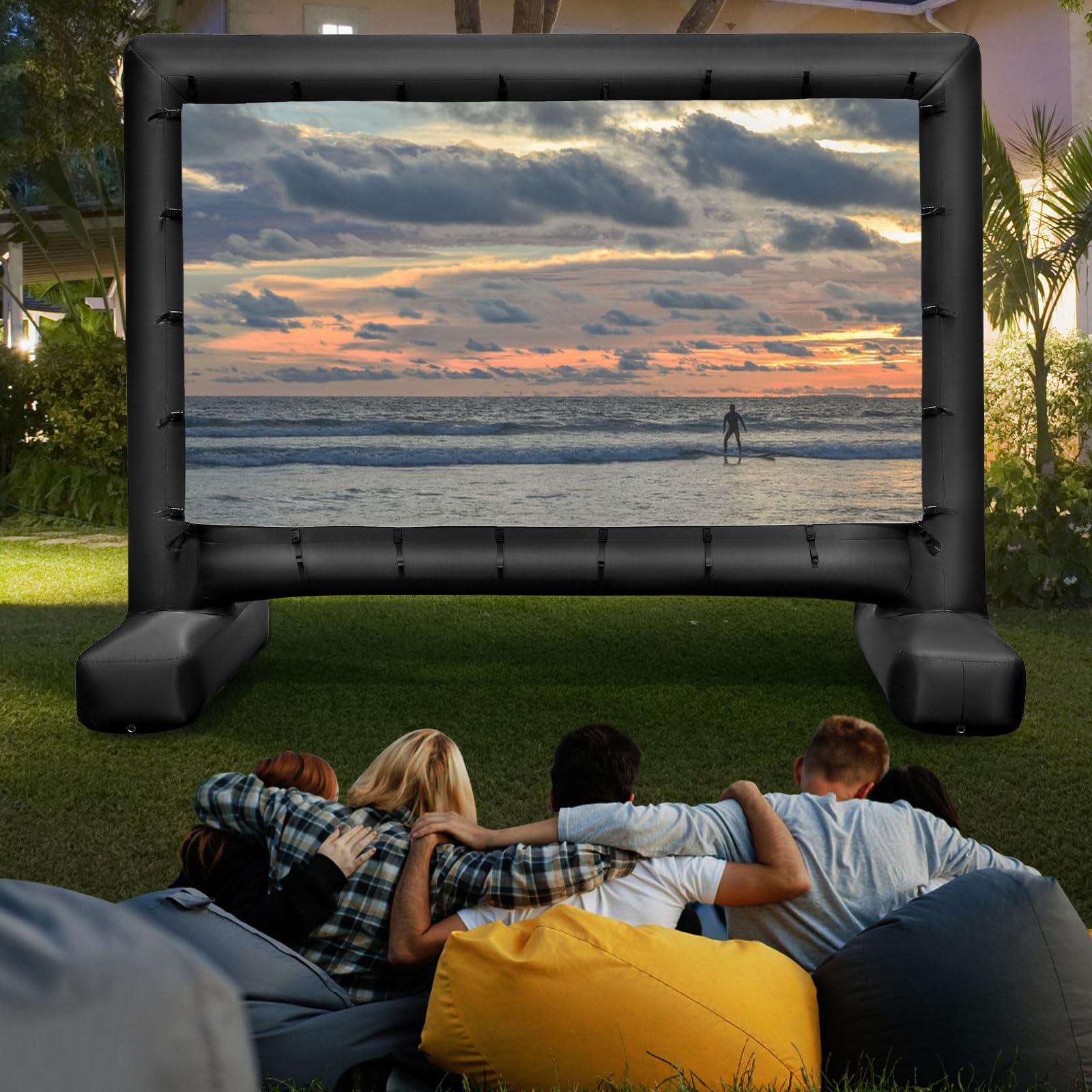 COSTWAY Aufblasbare Beamer Leinwand, 143 Zoll, Projektor Leinwand mit Gebläse und Erdspieße, 16:9, HD, 4K, doppelseitige Projektionsleinwand für Familienaktivitäten im Innen- & Außenbereich