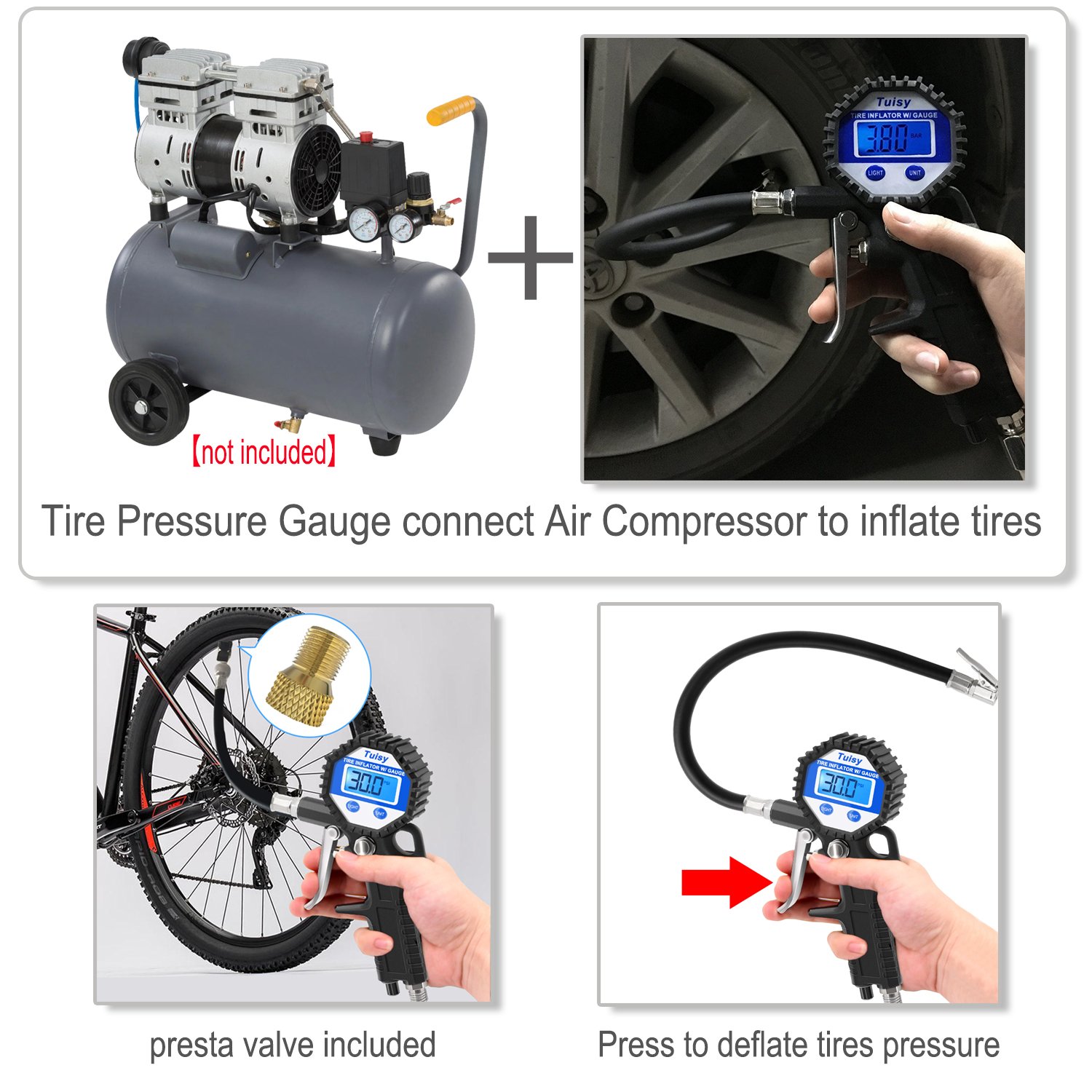 Tuisy Digital Tire Pressure Gauge, Tire Inflator Gauge with 90 Degree Valve Extender, Straight