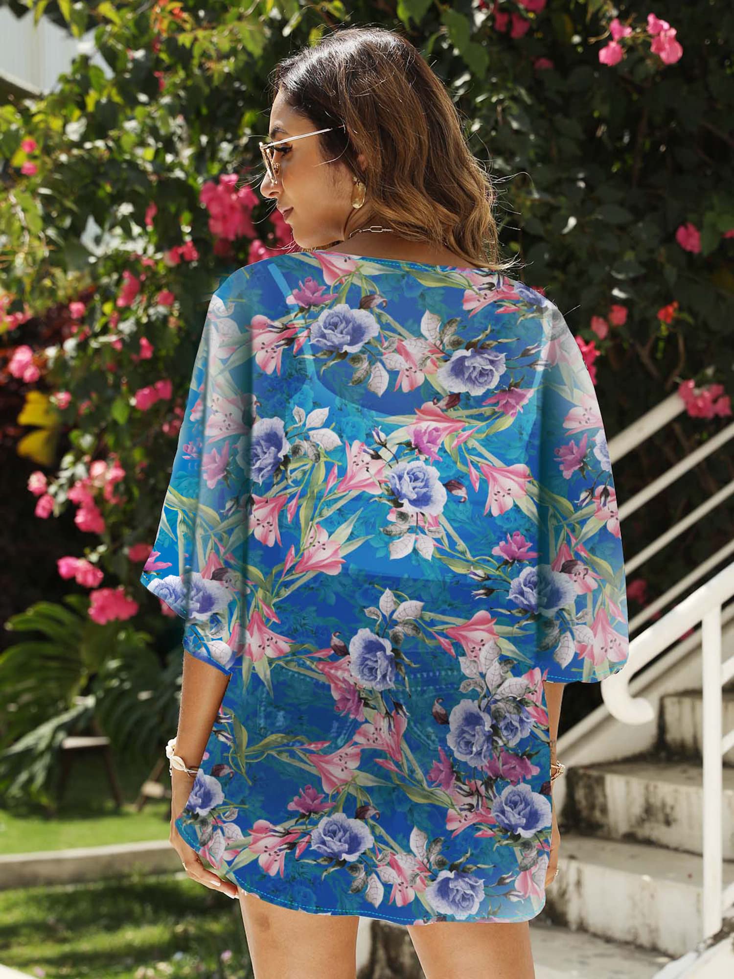 Chunoy Luźna turecka sukienka dla kobiet, luźna, lekka, oversize, kaftan, sukienka plażowa, sukienka maxi, Niebieski, kwiatowy wzór, M