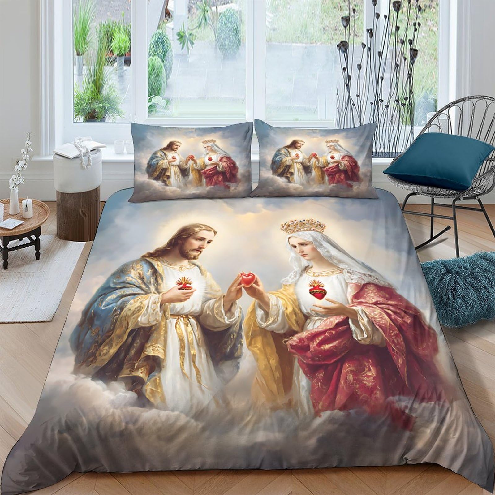 Ctjqhvkz Style-4 3D Printed Sacred Heart Jesus Fitted Sheet Microfiber Soft Art Virgin Mary Mattress Cover For Bedroom Decor Single（135X200cm）