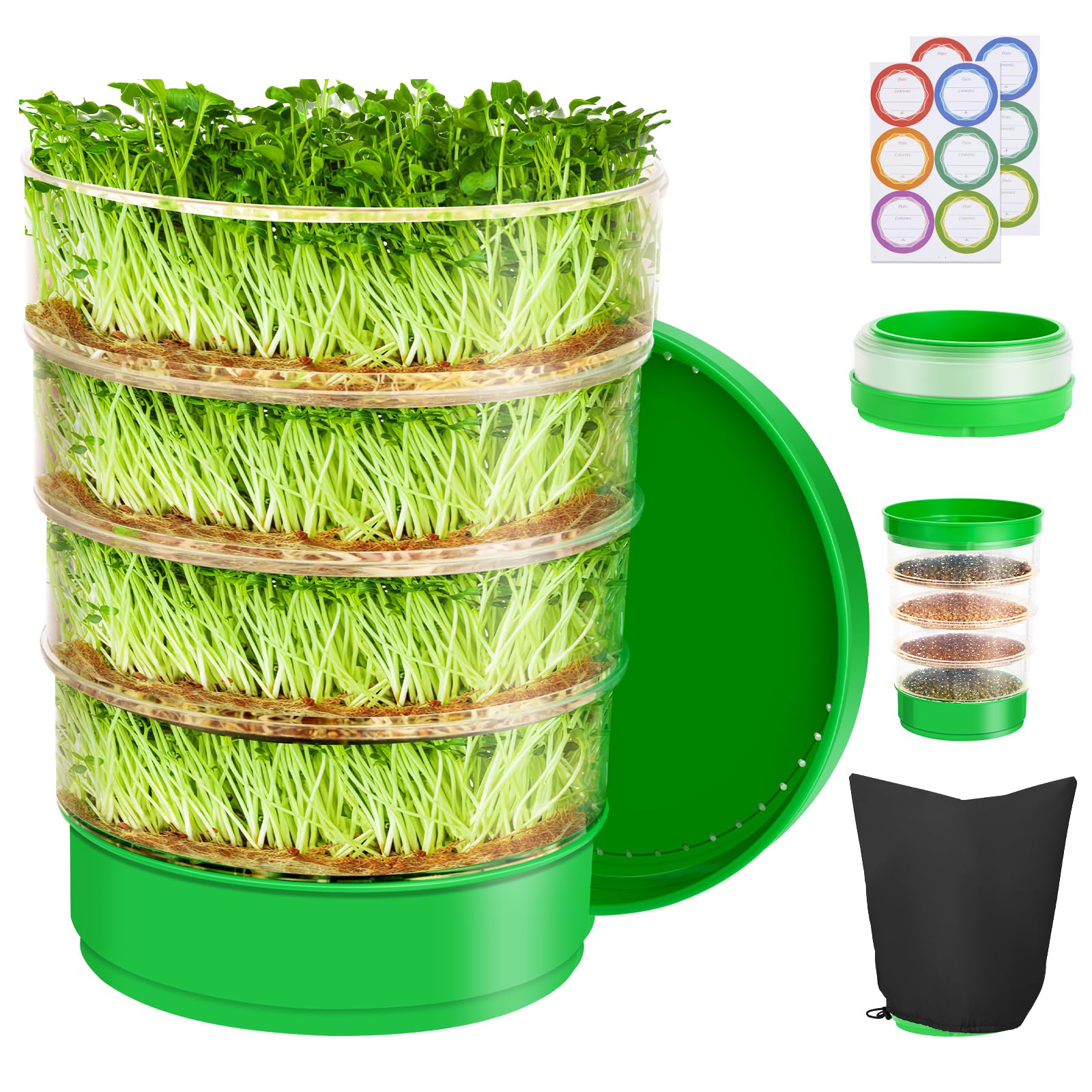 HK Stackable Seed Sprouting Kit, 4-Tier Microgreens Growing Kit with Drain Holes and Drain Tray, Fresh Organic Bean Seed Sprouter Tray, Soil-Free Sprouter Tray for Beans Alfalfa Seeds